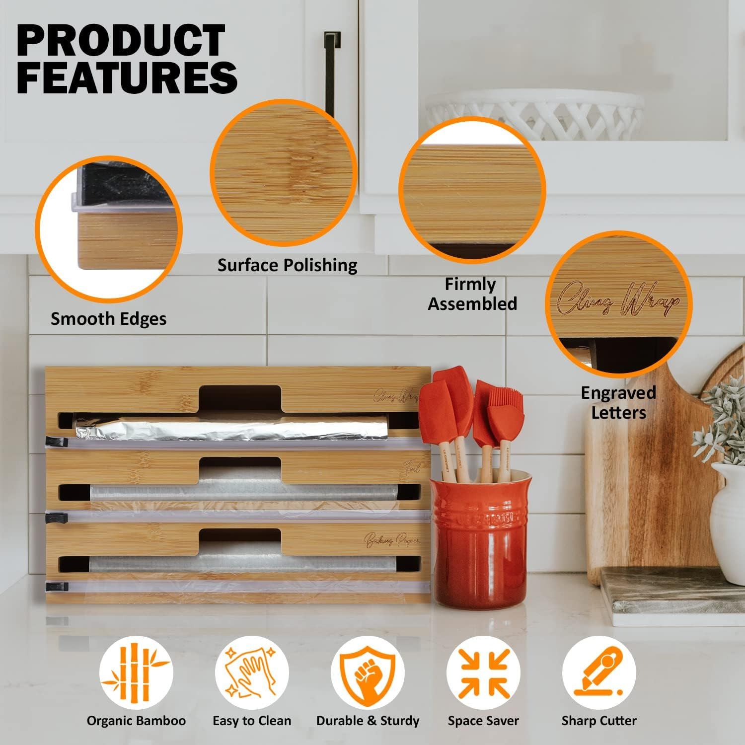 Bamboo Cling Wrap Dispenser with Cutter 33Cm | 3-In-1 Foil and Wrap Organiser for Kitchen Drawer | Glad Wrap and Foil Storage Solution| Australian Sizes| image number 1