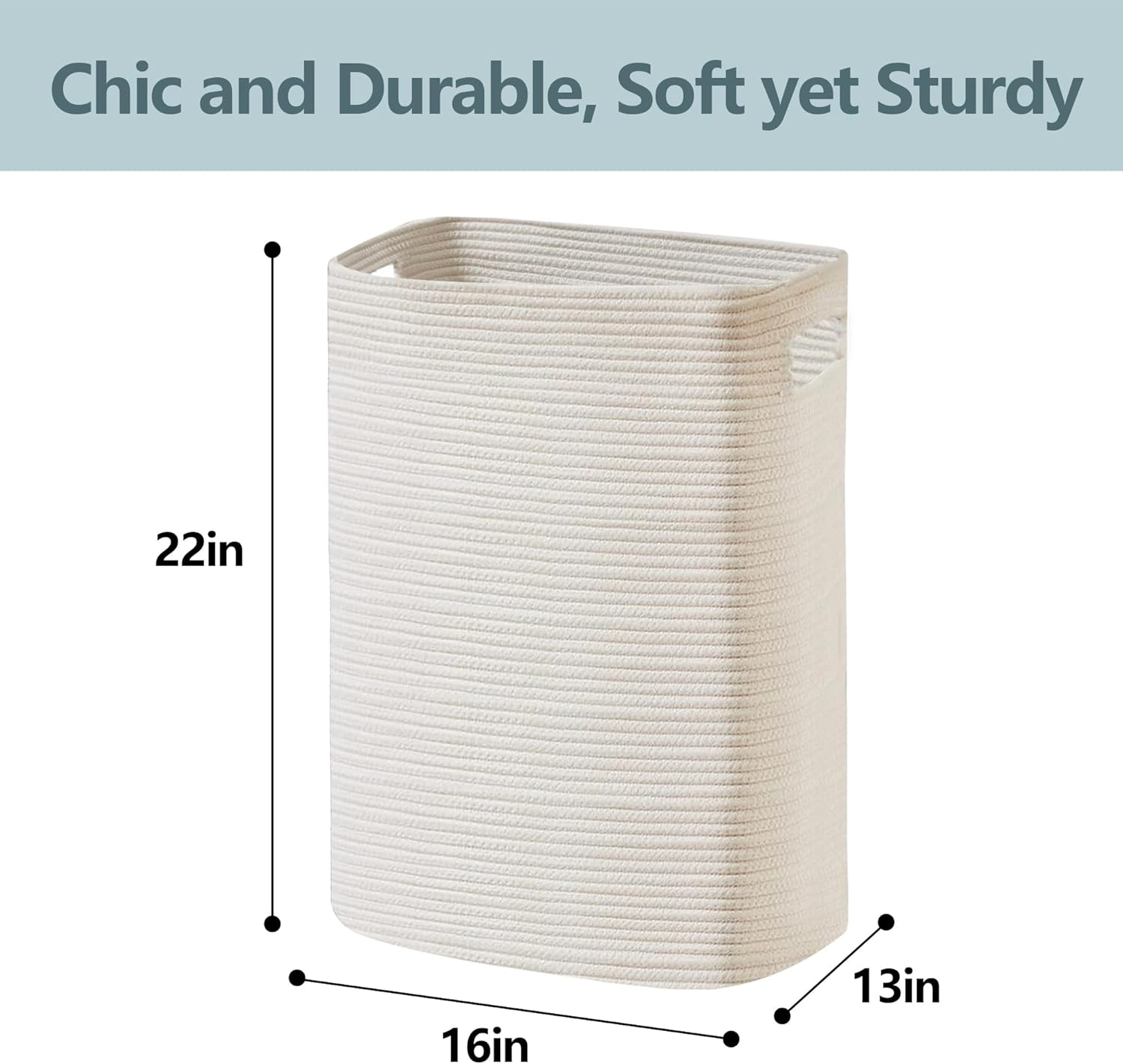 MEGASKET Large Laundry Hamper 16"X13"X22" - Tall Wicker Laundry Basket, Cotton Rope Dirty Clothes Hamper, Baby Kids Nursery White Hamper, 75L - Black image number 6