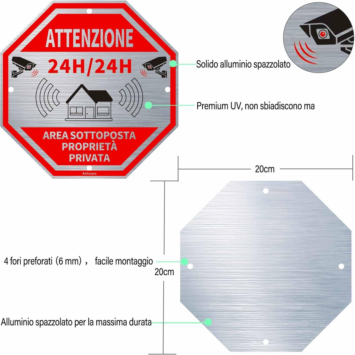24H Video Surveillance Area Sign, Aluminium for Security Reasons, 2 CCTV Signs, 20 X 20 Cm, Video Surveillance Signs for Shop and Private Property Long Lasting (Private Property) image number 4