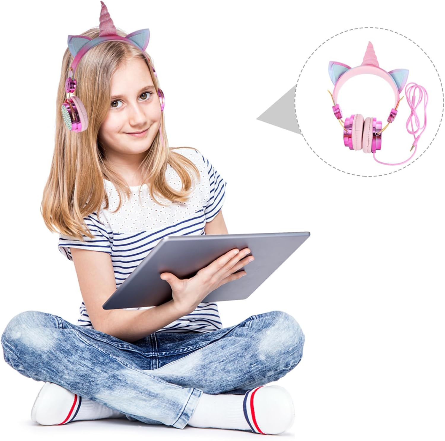 FUNNETOYU Gaming Headset with Rhinestone Decoration Portable over Ear Earphones for Cellphone and Computer Comfortable Soft Earmuffs Wired Headset for Adults Rose Gold