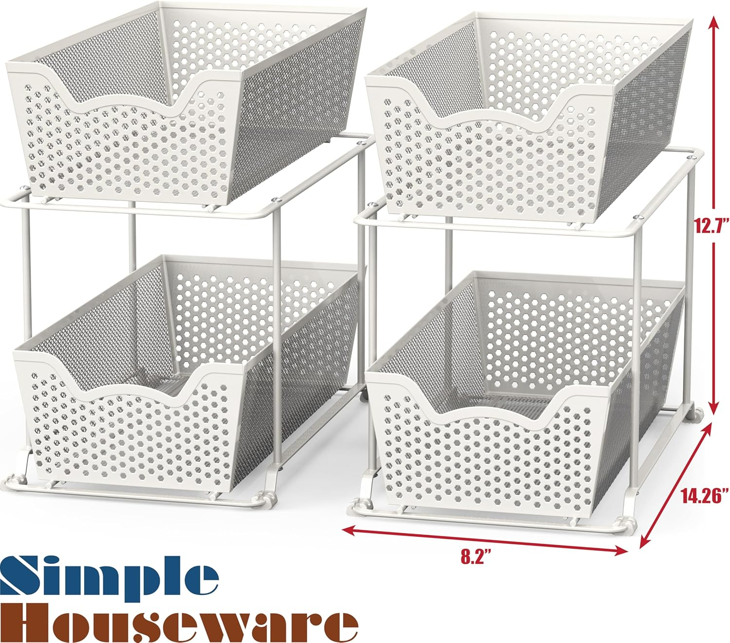 Simplehouseware 2 Pack 2 Tier Pull Out Sliding Drawer for under Sink Storage and Pantry Organiser, White