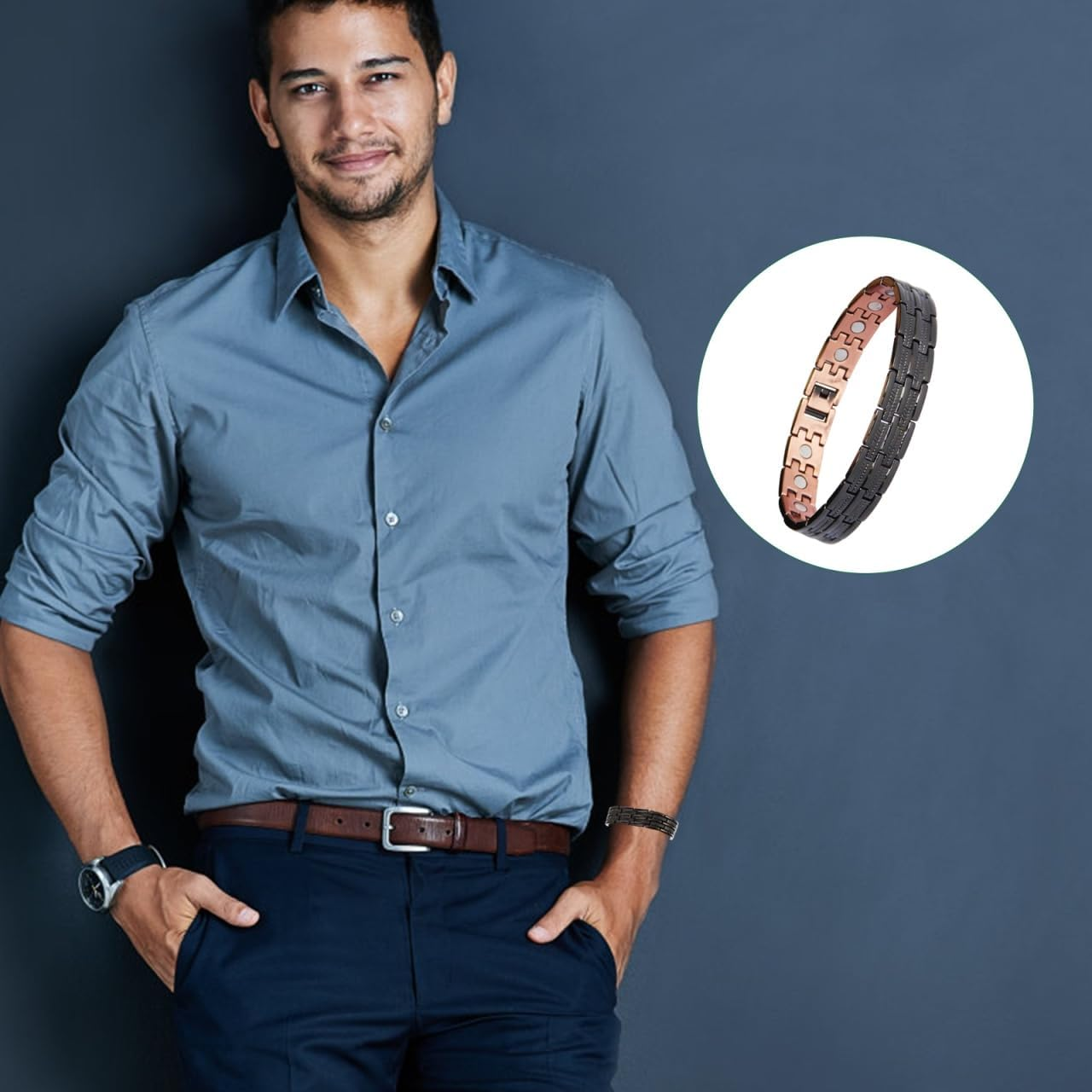 Gatuida Copper Therapy Bracelet for Men Dual-Row Wristband for Health Stylish and Chain Circulation and Muscle Relief image number 6