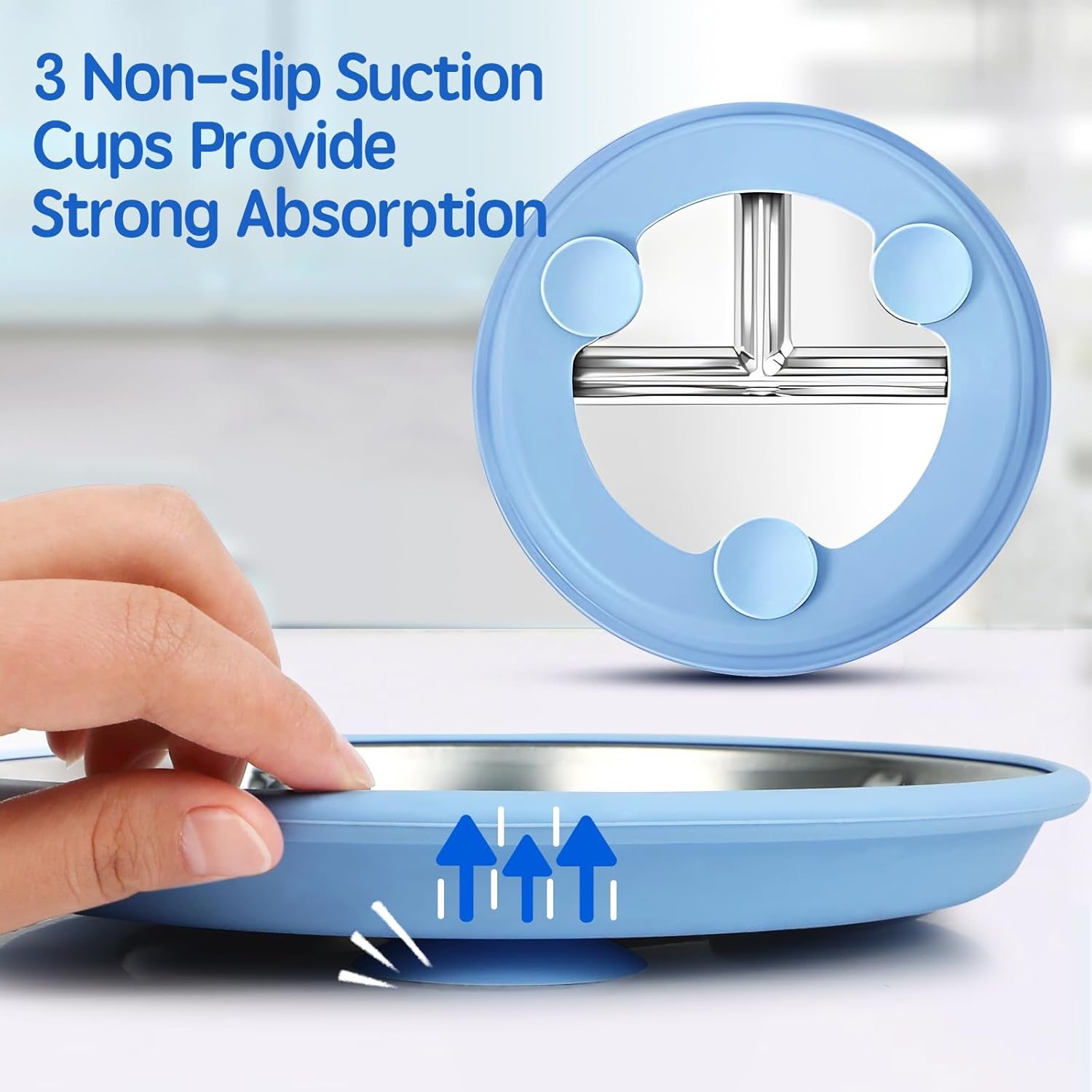 ZCOINS 2 Pack 9" Stainless Steel Plates with Suction, Divided Suction Stainless Steel Plates with Removable Silicone Base, 3 Compartments, Non-Slip Metal Dinner Dishes with Dividers