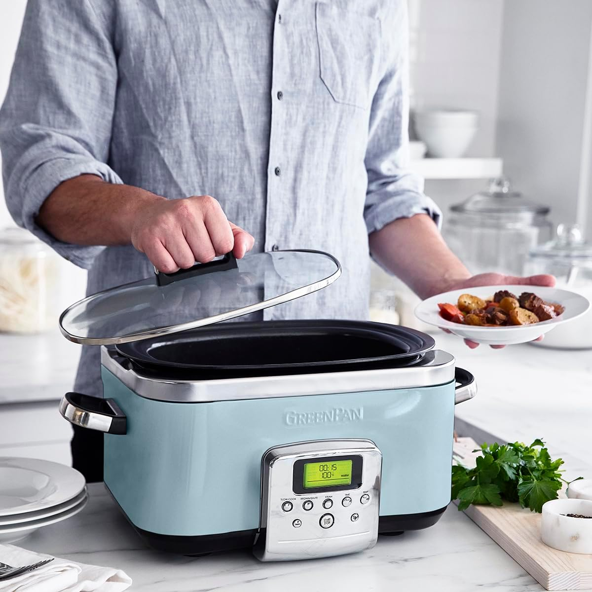 Greenpan Slow Cooker Blue Haze, 6L Dishwasher Safe Pot, Vibrant LCD Display, Easy One-Touch Presets, One-Step Browing, Extra-Tough Exterior, Countertop Friendly