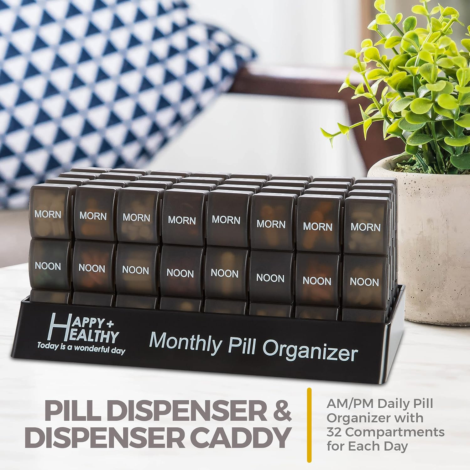 Month Pill Box Organizer - 32 Compartments | Morning-Noon-Night - 30 Day Pill Case with 32 Daily Compartments for Vitamins, Supplements, Medication - Travel Monthly Pill Organizer 3 Times-A-Day, Grey image number 1