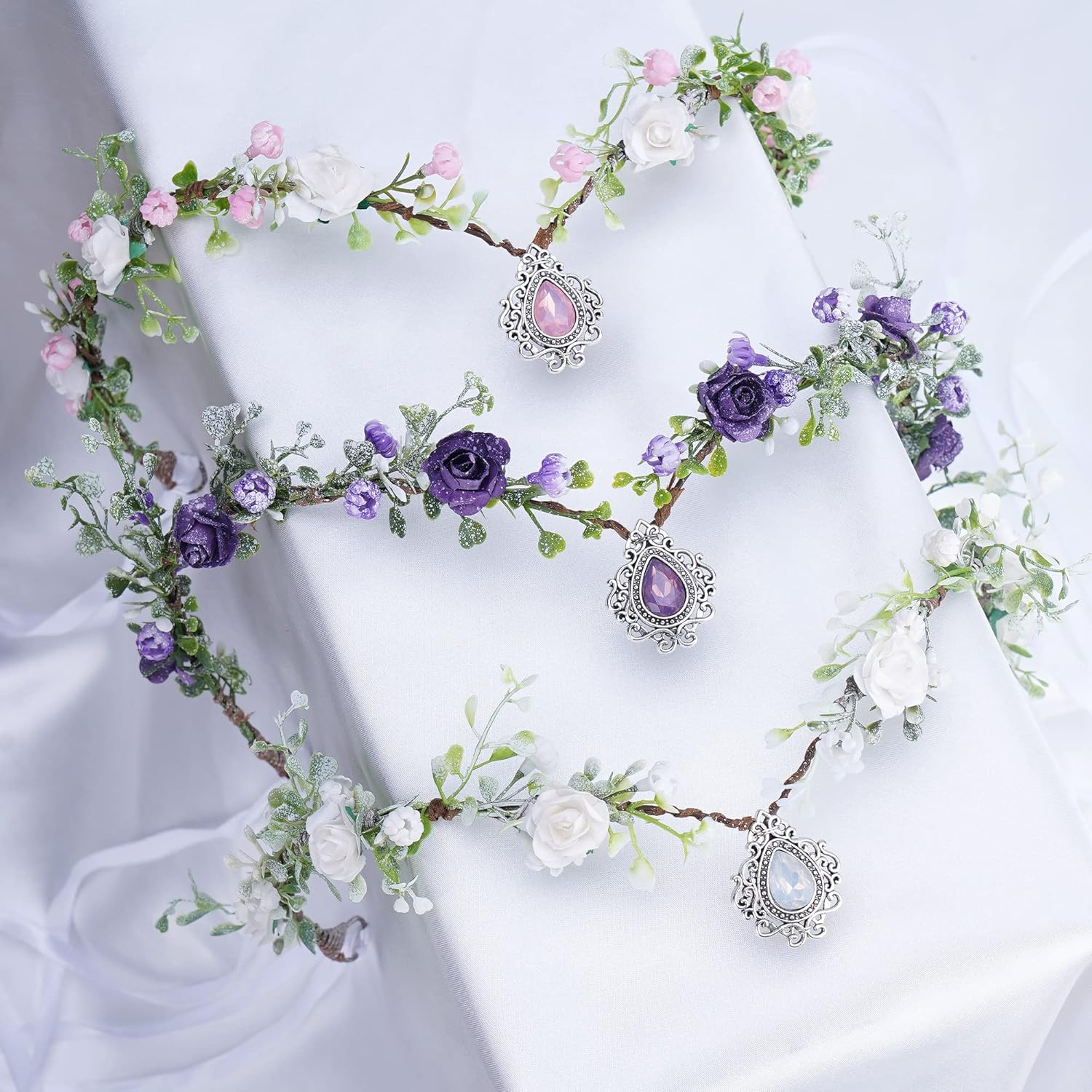 MOSTORY Woodland Fairy Flower Crown Girl - Floral Elf Headpiece with Crystal V-Shape Elven Tiara Handmade for Women Bridal Variable Size Wreath Headband for Cosplay Halloween Christmas Party Wedding image number 1