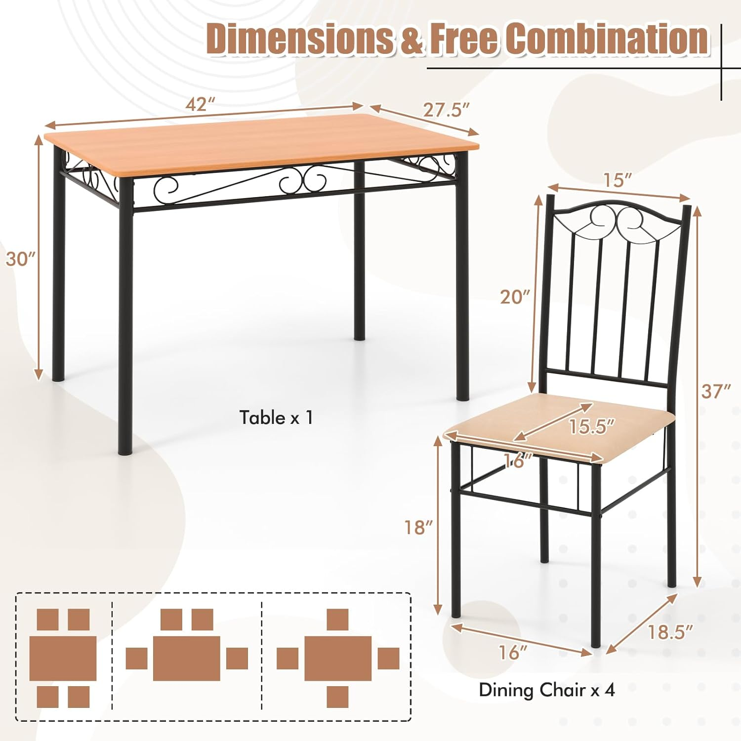 Giantex 5-Piece Dining Set, Modern Rectangular Dining Table & Upholstered Chair, Space-Saving Dinette Set for Dinner, Restaurant, Kitchen Dining Room Furniture for 4, Orange image number 3
