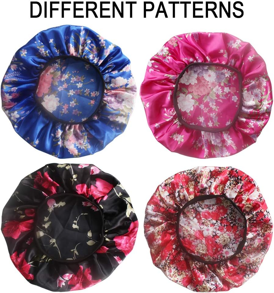 4 Pack Soft Satin Sleeping Cap Wide Band Salon Bonnet Silk Night Sleep Hat Hair Loss Cap for Women, 4 Styles