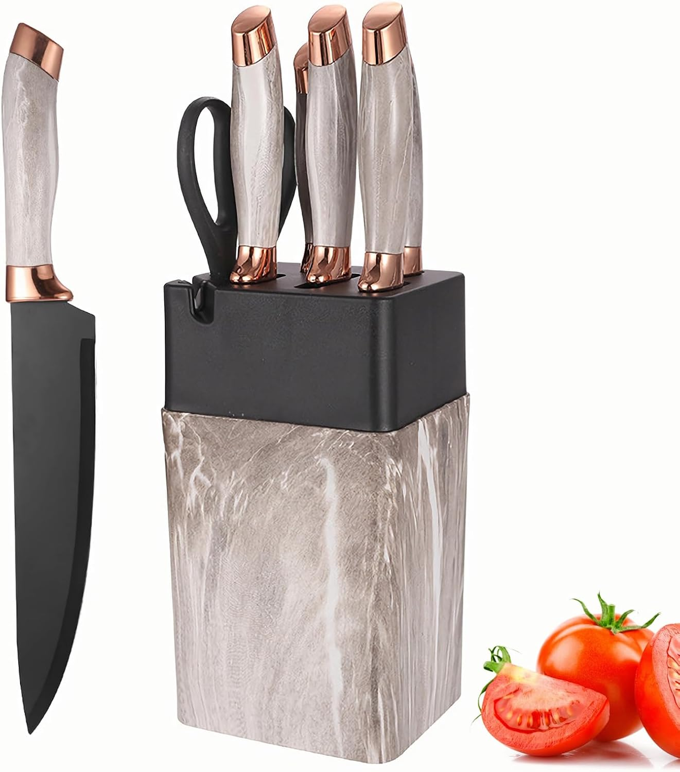 Knife Set, 7 PCS Stainless Steel Kitchen Knife Block Set with Built in Knife Sharpener, Black Non Stick Coated Knife, No Rust and Sharp Knife for Chopping, Slicing and Dicing, Best Gift, Golden