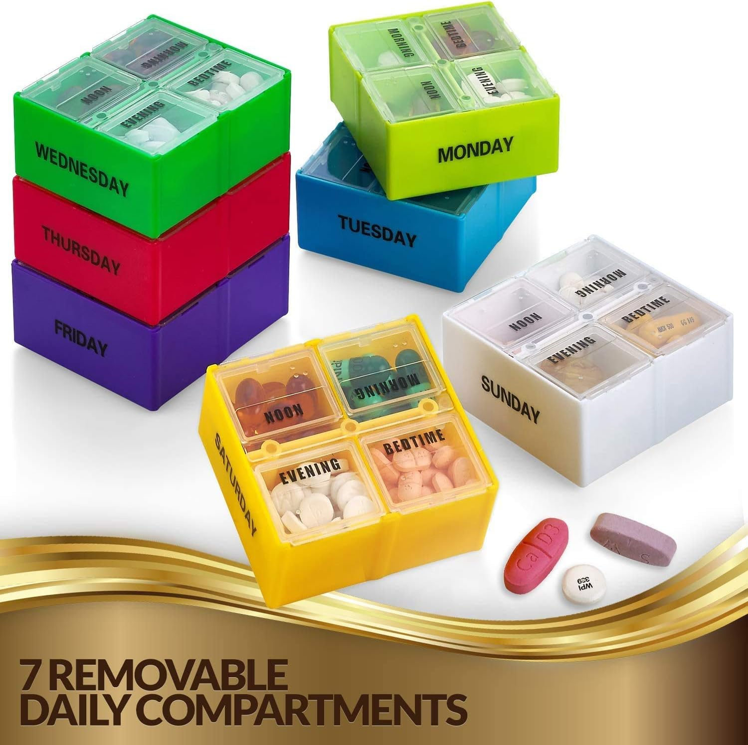 Large Weekly Pill Organizer Box in Gold Leather Case - 7 Day Week Pill Planner Organizers & Medication Reminder with 4 Times a Day - Daily Compartments That Is Ideal for Travel by Medca &hellip; image number 2