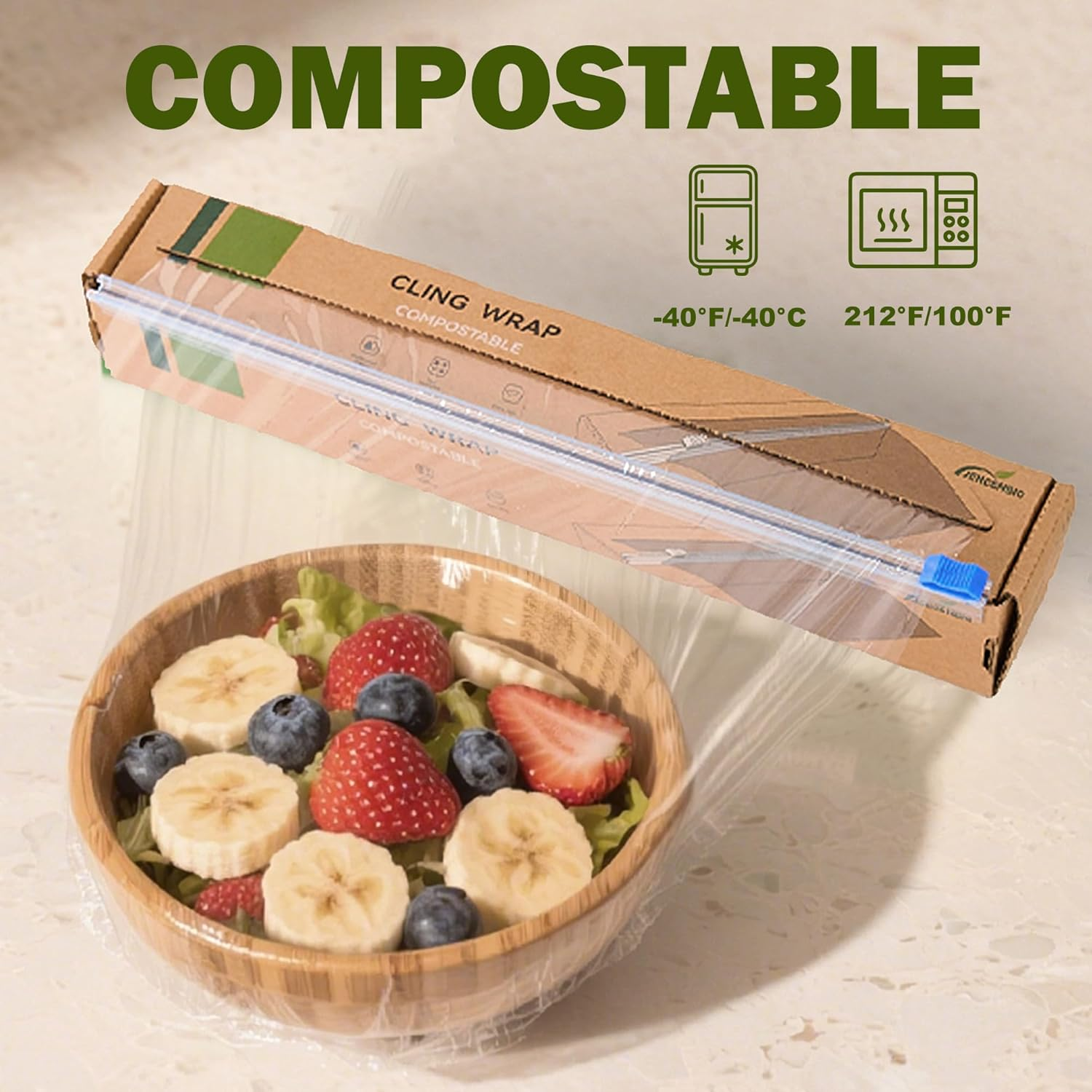 Cling Wrap Compostable Food Wrap Film with Slide Cutter 30Cm Wide 61M Long for Kitchen ASTM 6400 Certified Clear