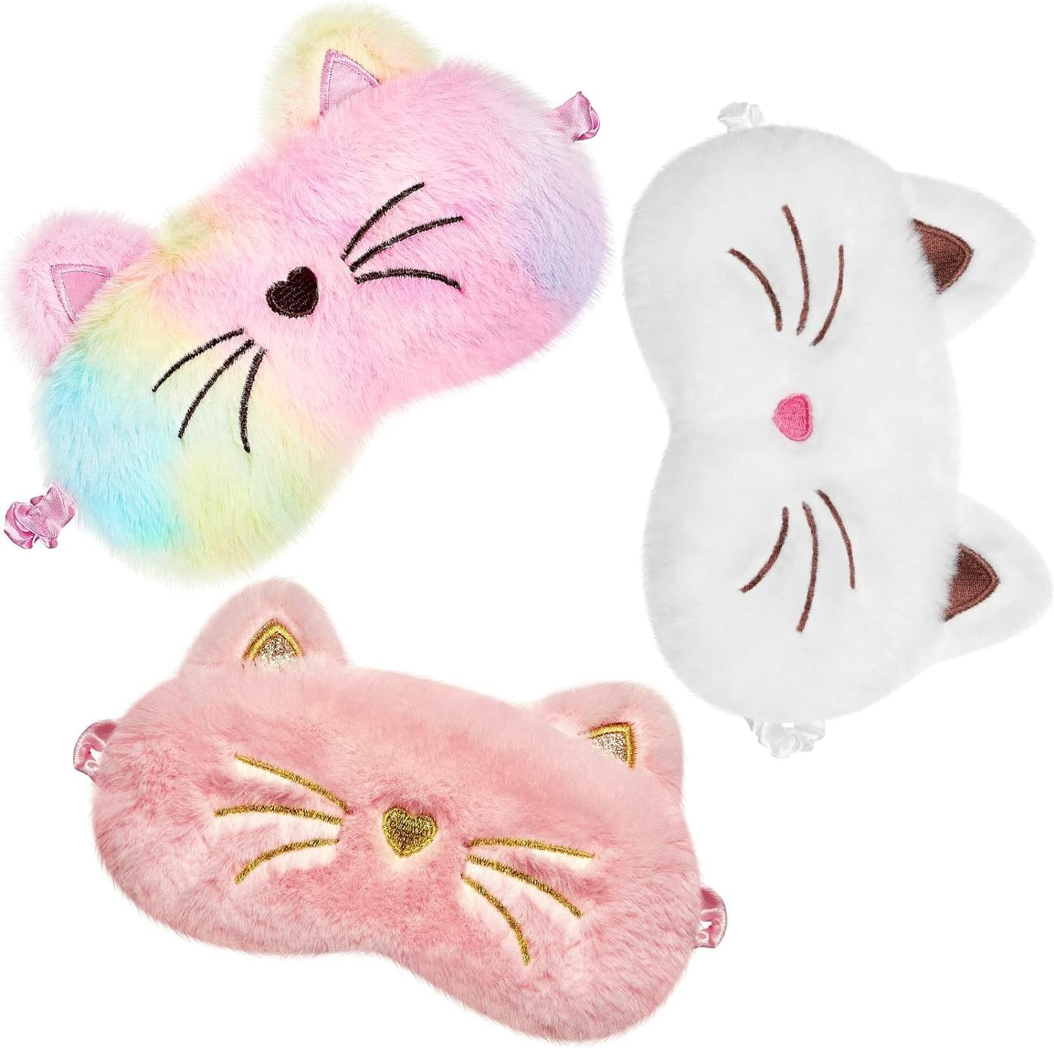Kids Sleep Eye Mask - Plush Animal Sleeping Eye Cover, 3 Pcs Soft Funny Blindfold, White, Pink, Rainbow, Cat Style image number 2