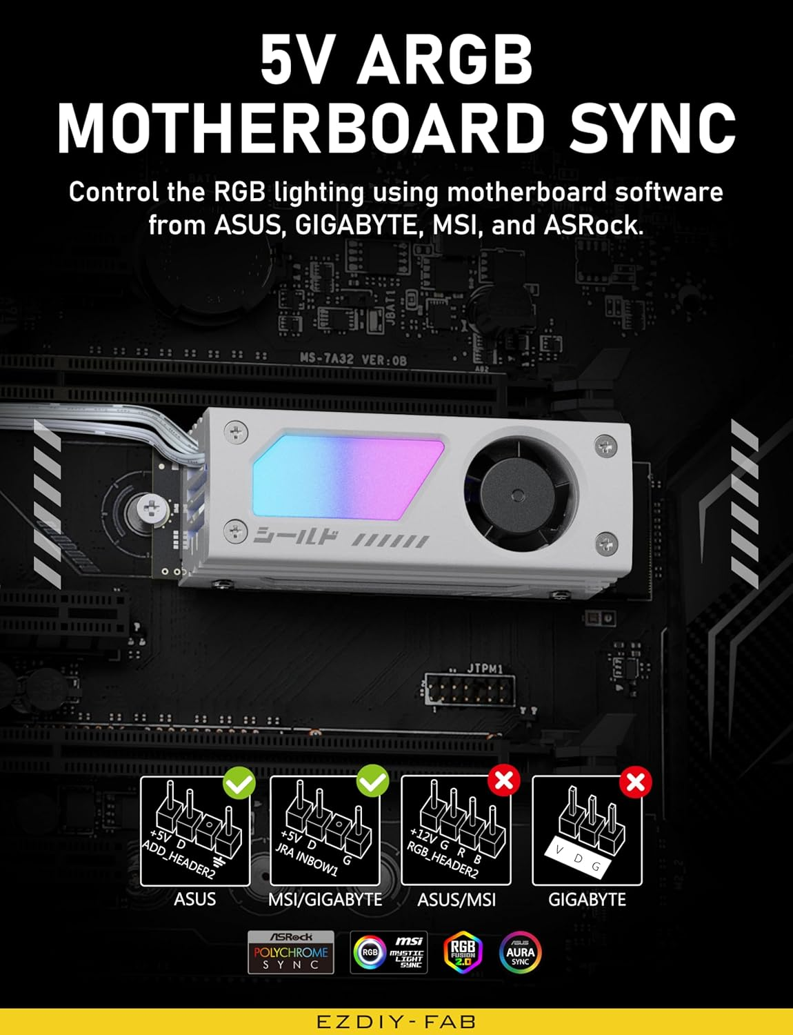 EZDIY-FAB Shield ARGB M.2 SSD Heatsink with Build-In 20Mm PWM Fan, Premium Aluminum Design,5V 3-Pin ARGB Sync, High-Performance SSD Cooler for M.2 2280-White-1 Pack image number 1