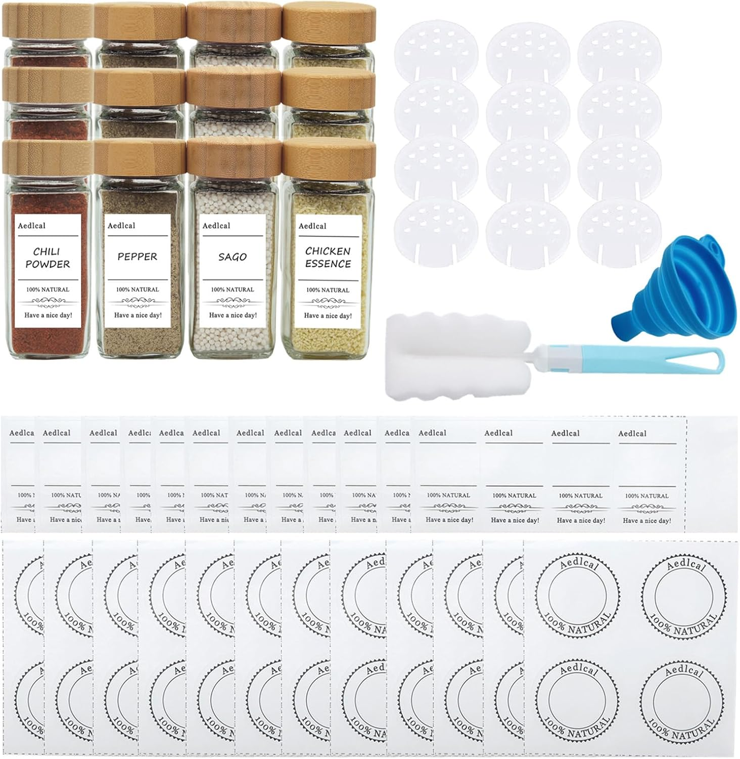 Aedlcal Glass Spice Jars, 6 Pack 4Oz Spice Containers with Bamboo Lids, Seasoning Containers for Kitchen Cabinet, Airtight Sealed Seasoning Storage Bottles with Labels, Shaker Lids, Brush, Funnel (12 Pack) image number 4