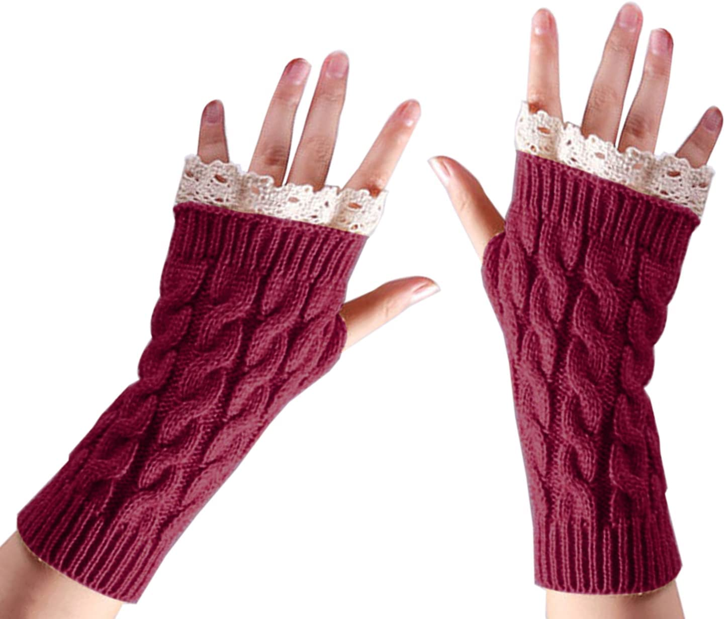 CENZICOM Women Knit Arm Warmer Winter Fingerless Thumb Hole Mitten Soft Gloves with Lace