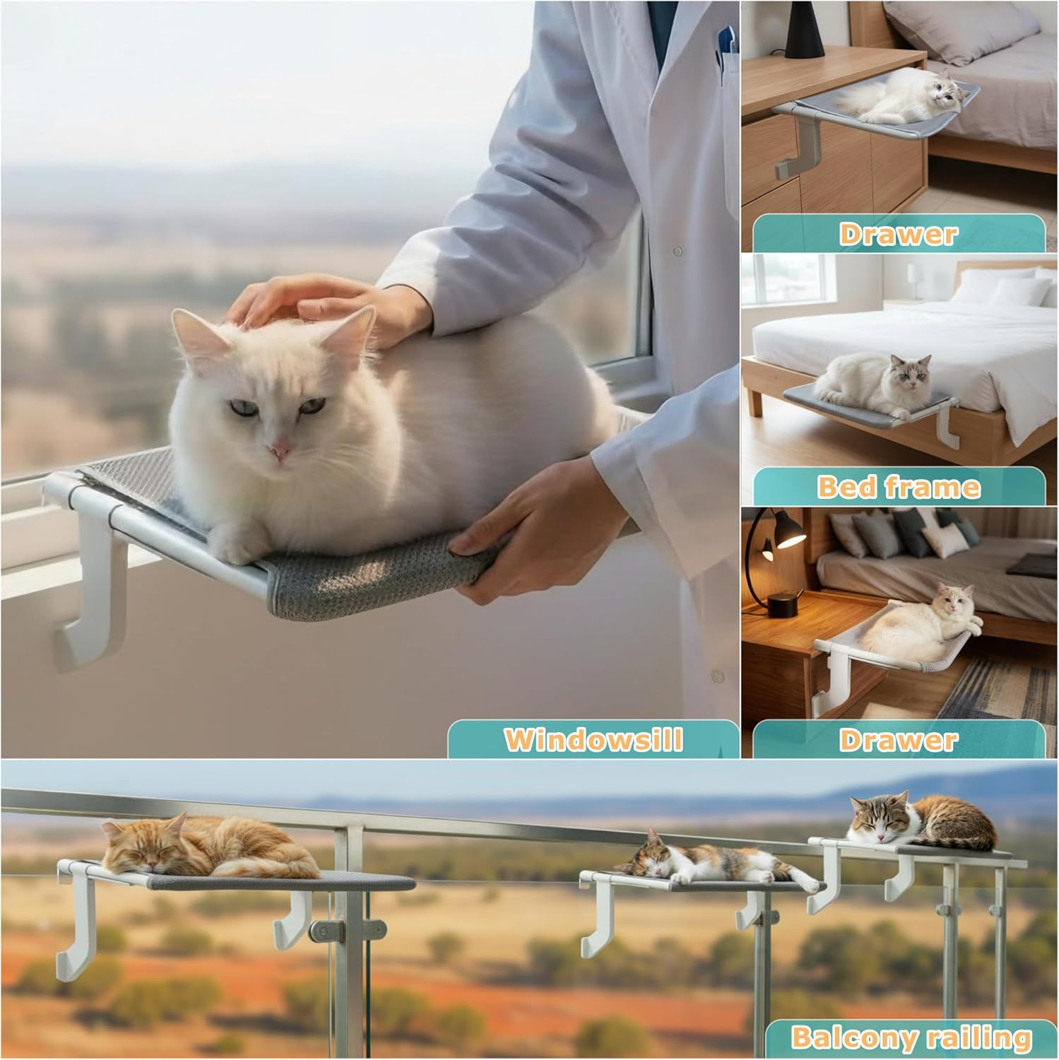 Cat Window Perch with 4 Suction Cups & Hooks, 2-In-1 Hammock Bed for Cats &ndash; Sliding Clamp Adjustment, Washable Dual-Sided Pad, No-Scratch Rustproof Tube, Holds 15KG (Fits Windowsill/Bedside) image number 2