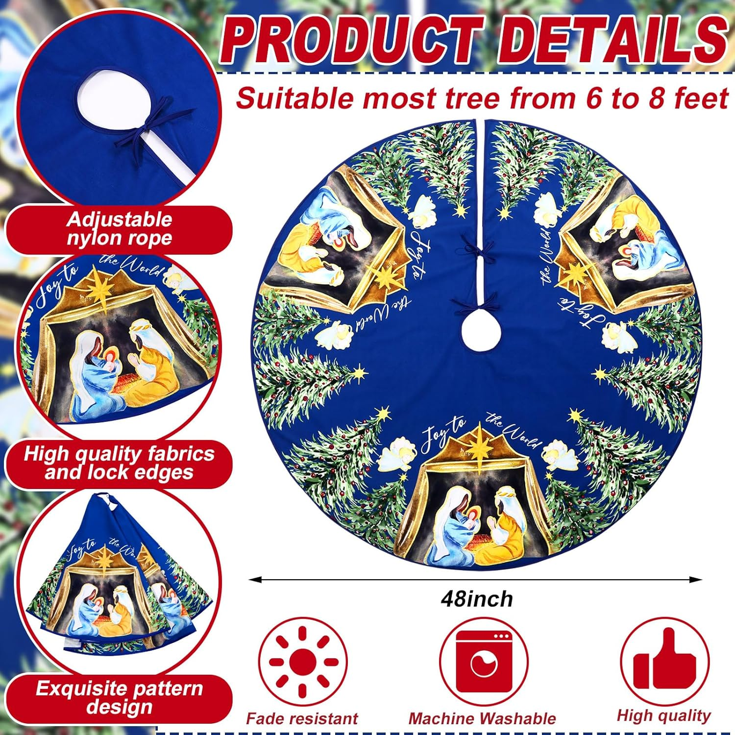 Nativity Christmas Tree Skirt Joy to the World Winter Tree Mat Nativity Scene Decorative Tree Skirt Farmhouse Xmas Ornaments Rustic Vintage Christmas Decor for Holiday Party(Blue,48 Inch) image number 3