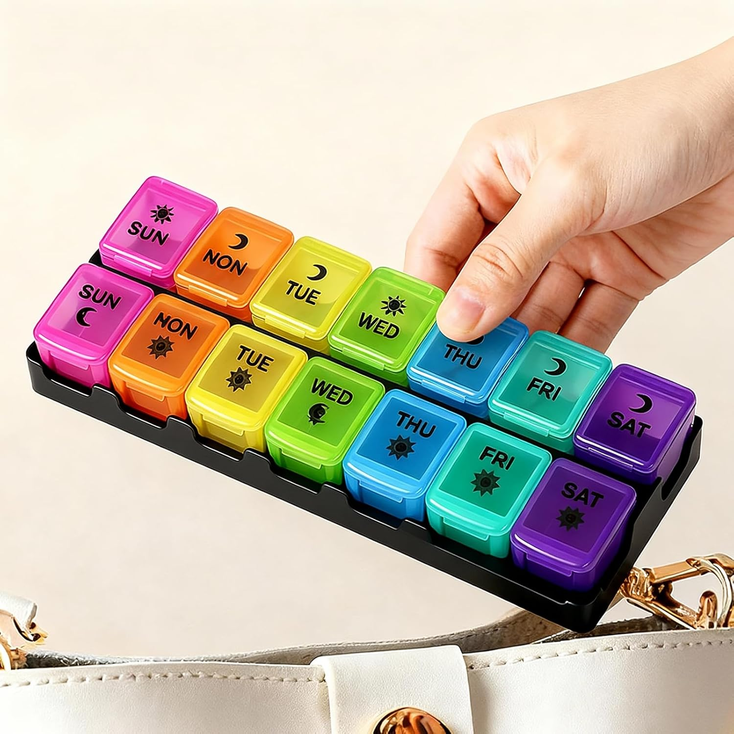 7 Day Medication Organizer Daily Pill Box - Push Button Open, 14 Large AM/PM Compartments for Vitamins/Fish Oil/Supplements, Weekly Pill Container for Seniors (Colorful) image number 1