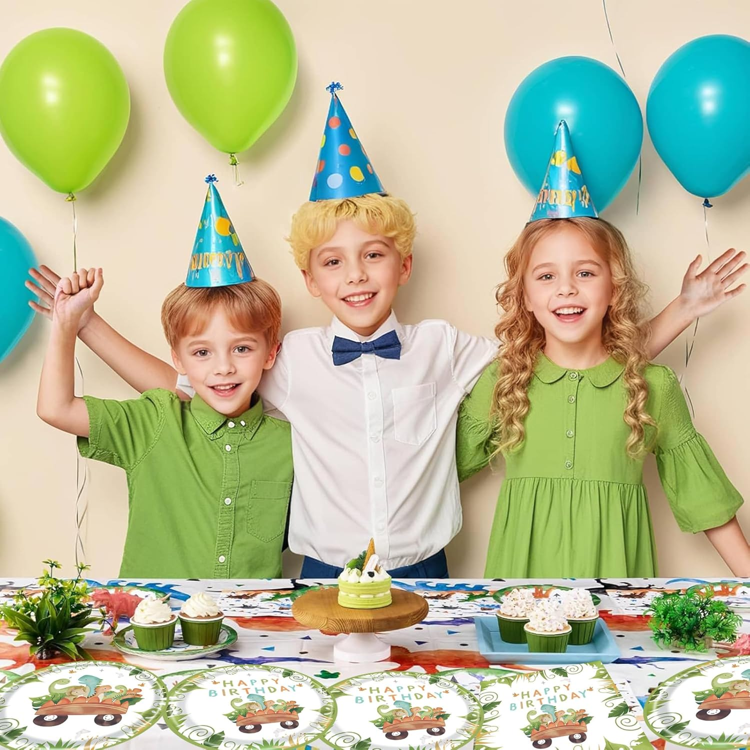 Dinosaur Birthday Party Supplies and Baby Shower Decorations - Tableware Set with Plates, Napkins, Cups for Dino Happy Birthday Theme - Serves 16 image number 1