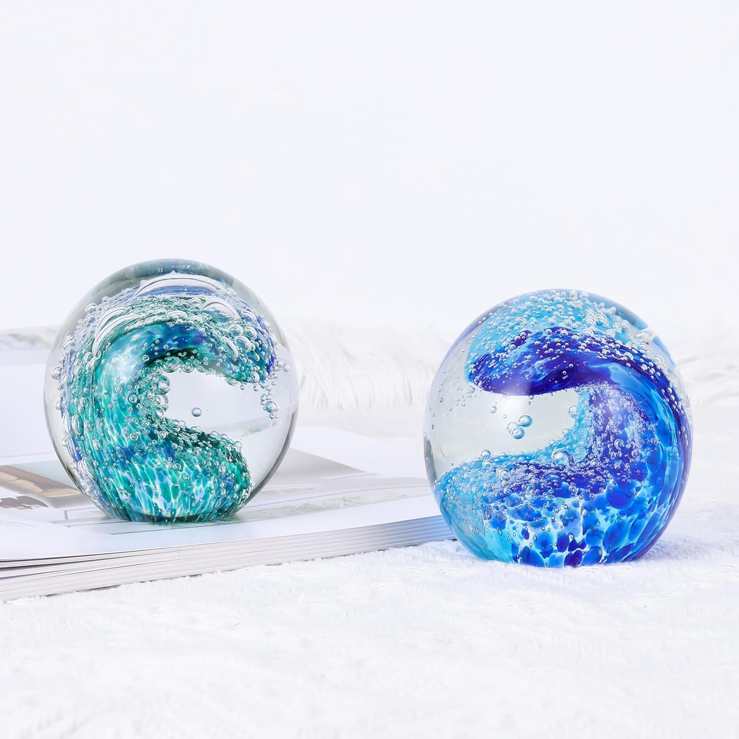 Hand Blown Glass Ocean Waves Glass Ball Beach Office Decor, Blue Glass Paperweight Ideal Beach Decorations for Home, Suitability Seaside Villa Aquarium Ocean Lover'S Gift image number 3