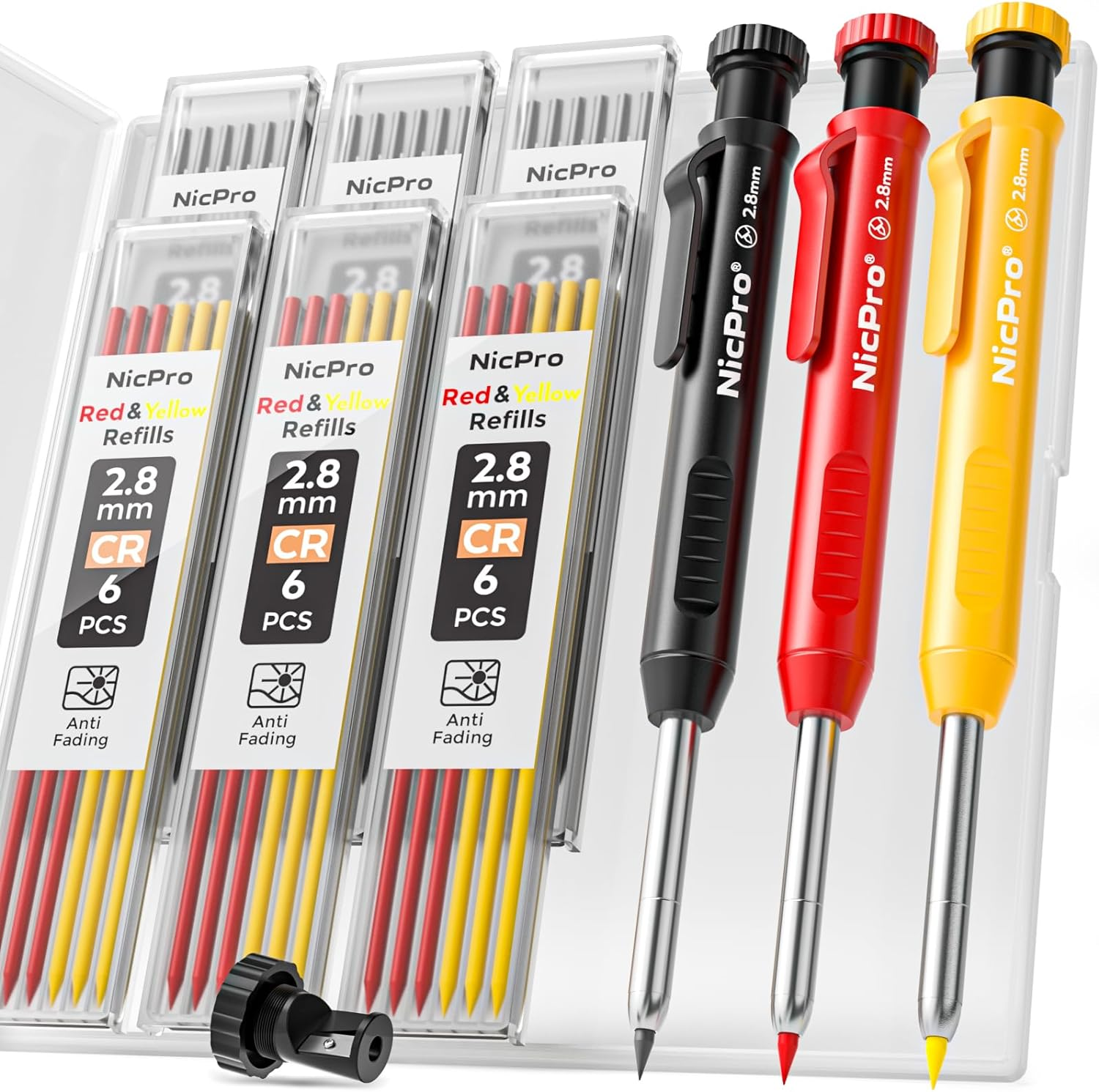 Nicpro 3 Pack Carpenter Pencil with Sharpener, Mechanical Carpenter Pencils with 39 Refills, Construction Pencil Heavy Duty Woodworking Pencils for Architect (Red, Black, Yellow)- with Case image number 3