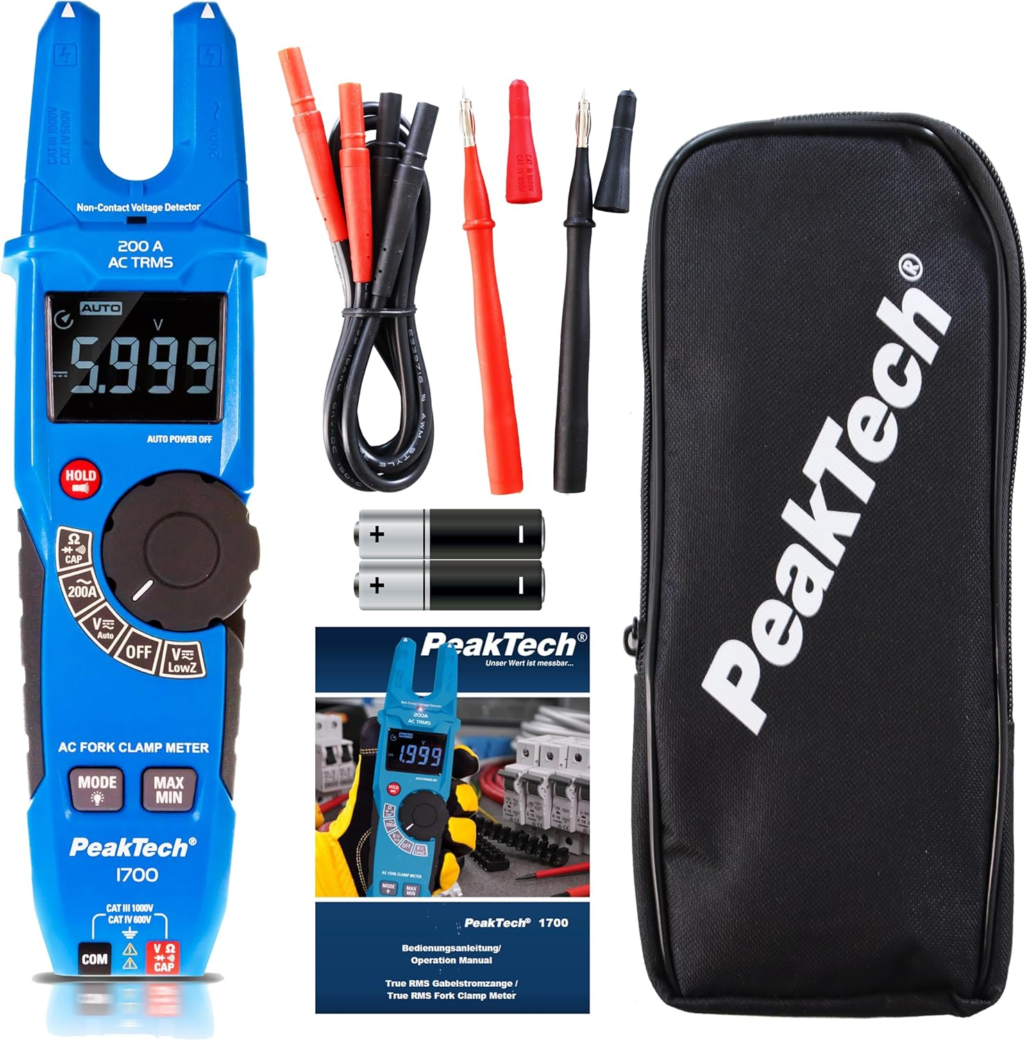Peaktech P 1700 &ndash; True RMS Measurement Fork Clamp, 200A AC, 1000V, LCD Inverted, CAT III 1000 V, CAT IV 600 V, 6.000 Counts image number 1