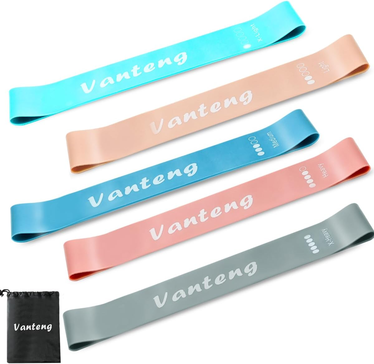 Vanteng Resistance Bands, [Set of 5] Exercise Loop Bands with 5 Different Strength Levels - Rubber Latex Anti-Slip Fitness Bands - Carry Bag Included - Ideal for Home Gym Pilates Yoga Workout
