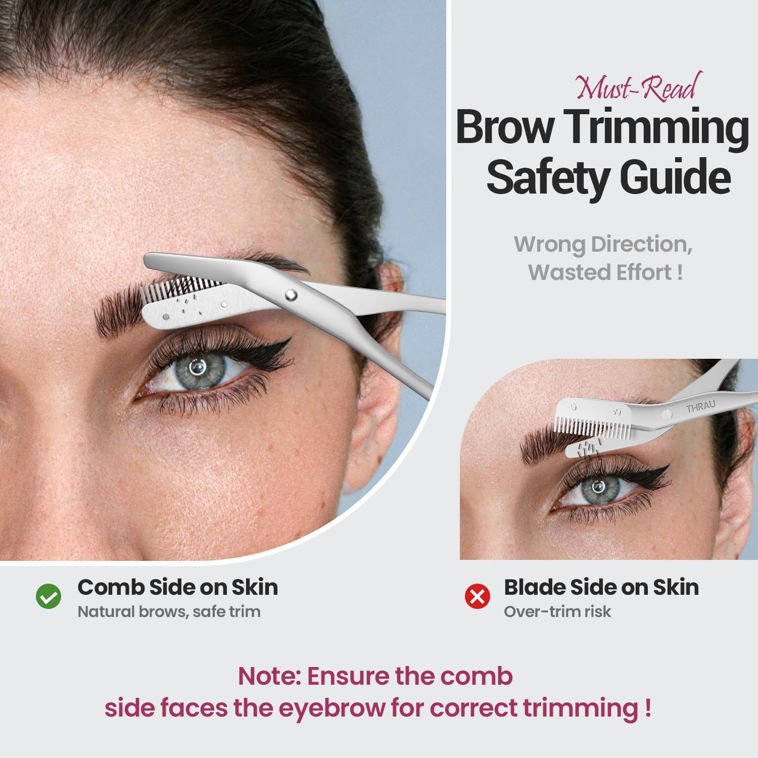 THRAU Eyebrow Scissors with Comb, Stainless Steel Precision Eyebrow Trimmer for Women, Safety Guard for Beginners, Mini Scissors and Grooming Kit for Home or Travel image number 2