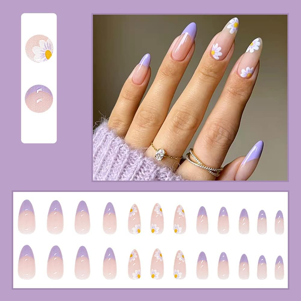Artificial Nails for Gluing, Flower Press on Nails Almond Long French Sunflower Summer Nails for Gluing Long for Women and Girls (Pack of 24) image number 3