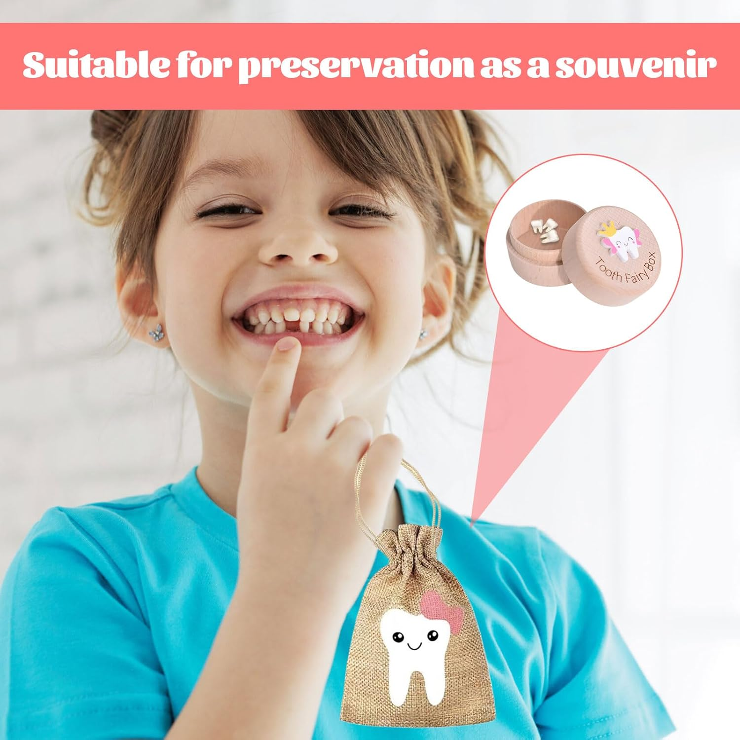 Halit Tooth Fairy Box,1 Pcs Tooth Box with 1Pcs Tooth Fairy Bag, 3D Carved Wooden Tooth Box Keepsake，Tooth Fairy Pouch for Girl,Tooth Holder for Kids Teeth with Tooth Fairy Bag Storage Gift image number 3
