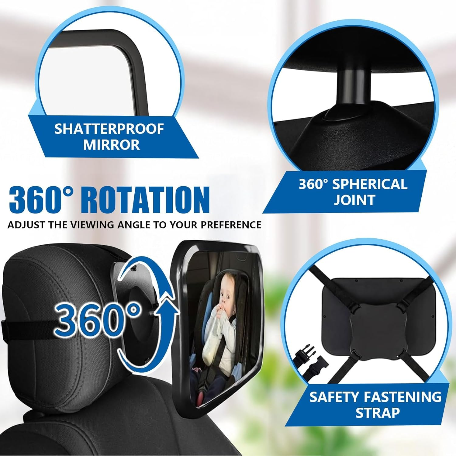 Baby Car Mirror - 360&deg; Adjustable, Extra-Large Shatterproof,Wide Crystal Clear View for Rear Facing Car Seats, Crash-Tested & Universal Fit image number 1