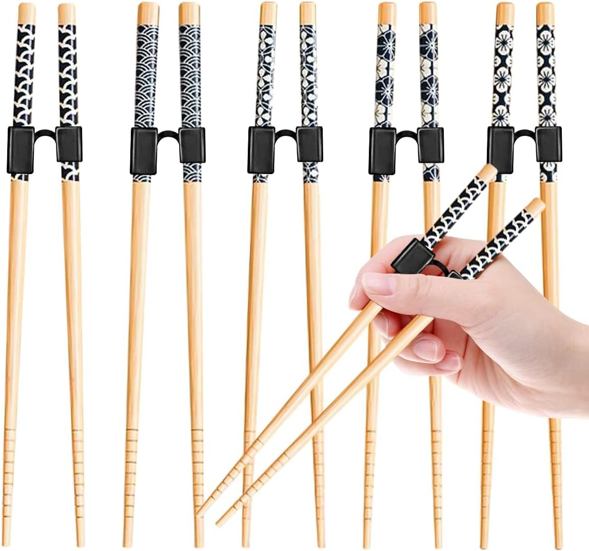 5 Pairs Reusable Training Chopsticks Beginners for Kids Adults Learners, Wooden Chopsticks Trainers Set, Dishwasher Safe, L8.86Inch image number 2
