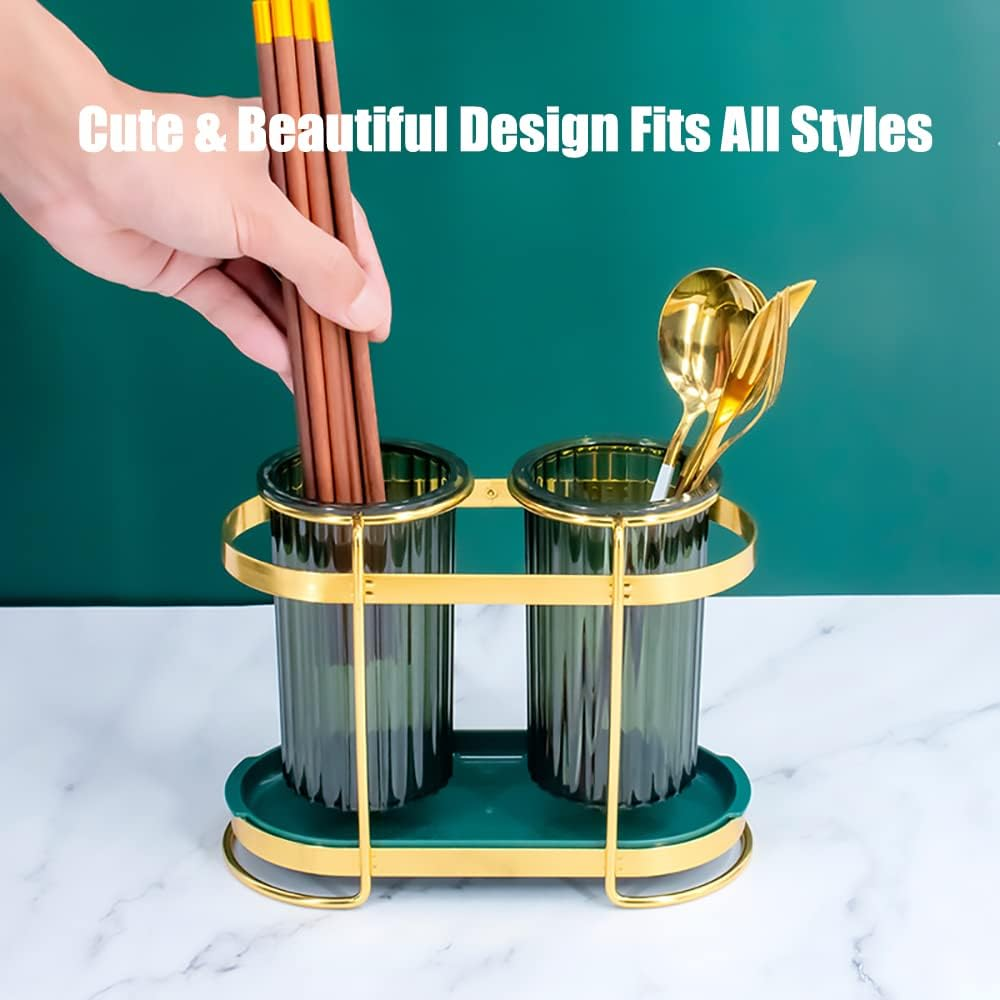 FOREVERIE Gold Metal Cutlery Holder Organizer with Draining Drip Holes & Flatware Drainer Plate, Kitchen Utensil Holder Organiser Drying Rack for Chopstick, Fork, Spoon Etc. image number 6