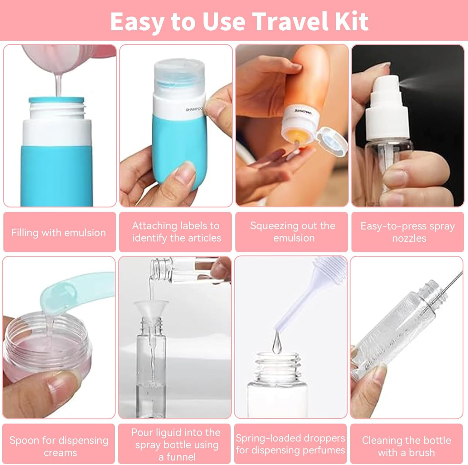 16 Pcs Travel Bottles Set, Leak-Proof Silicone Squeezable Refillable Bottles, TSA Approved, Travel Size, Portable Travel Bottles Containers for Toiletries Conditioner Shampoo Lotion Body Wash (BK) - Bk image number 4