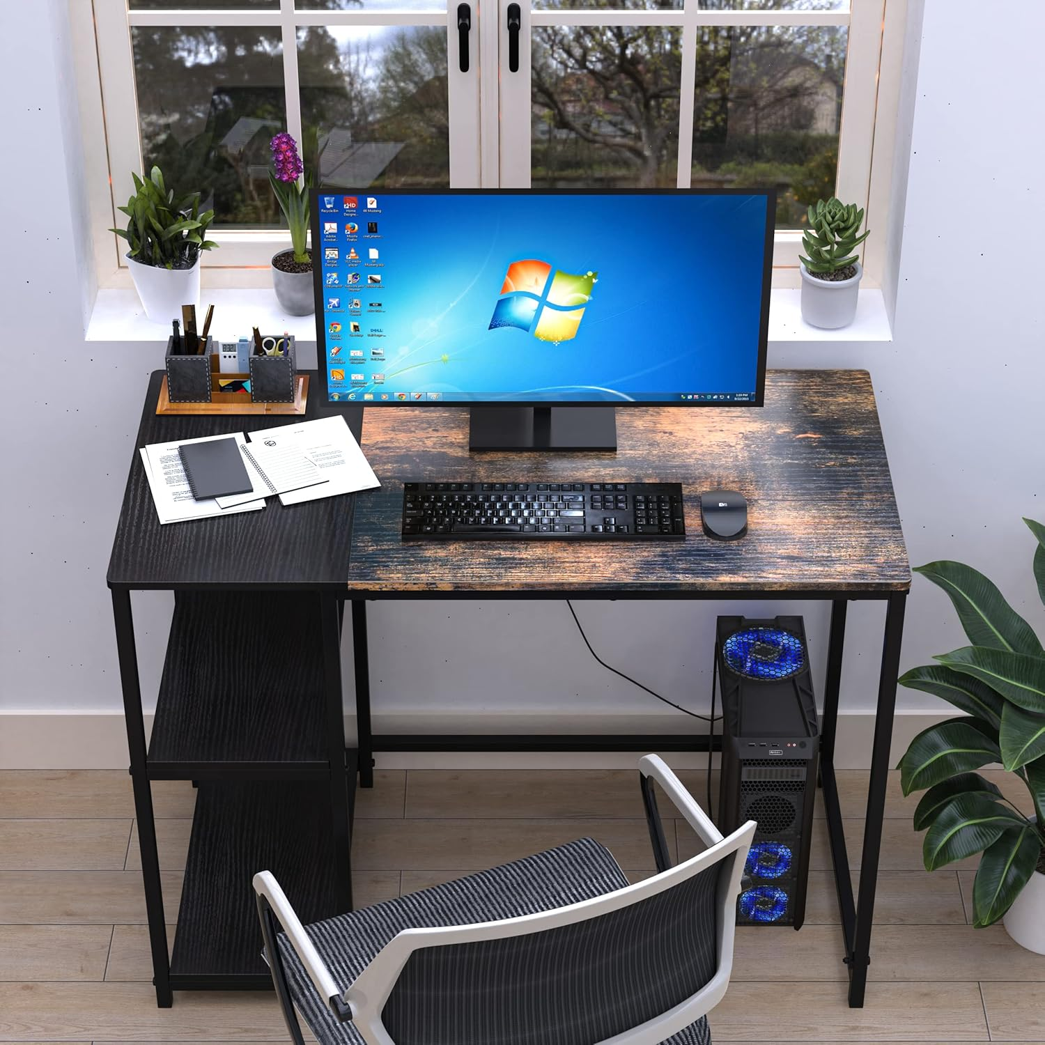 Large Gaming Desk, Gaming Table, PC Gaming Workstation Home Office Desks with 2 Storage Shelves, Space-Saving, Easy to Assemble, 100X50X74.5Cm, Brown