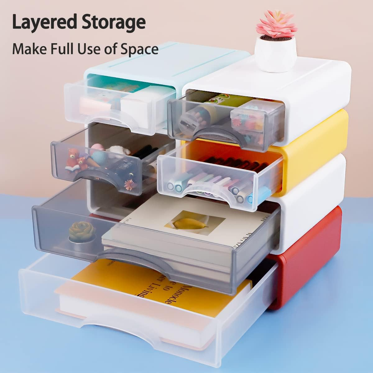 Stackable Desk Organizer, FHDUSRYO Large Desktop Storage Box with 3 Drawers, 13&rdquo; Wide Letter Size Desk Organizer and Accessories, Plastic Drawer Organizer for Office, Document, Makeup (White, 3Pcs) image number 4