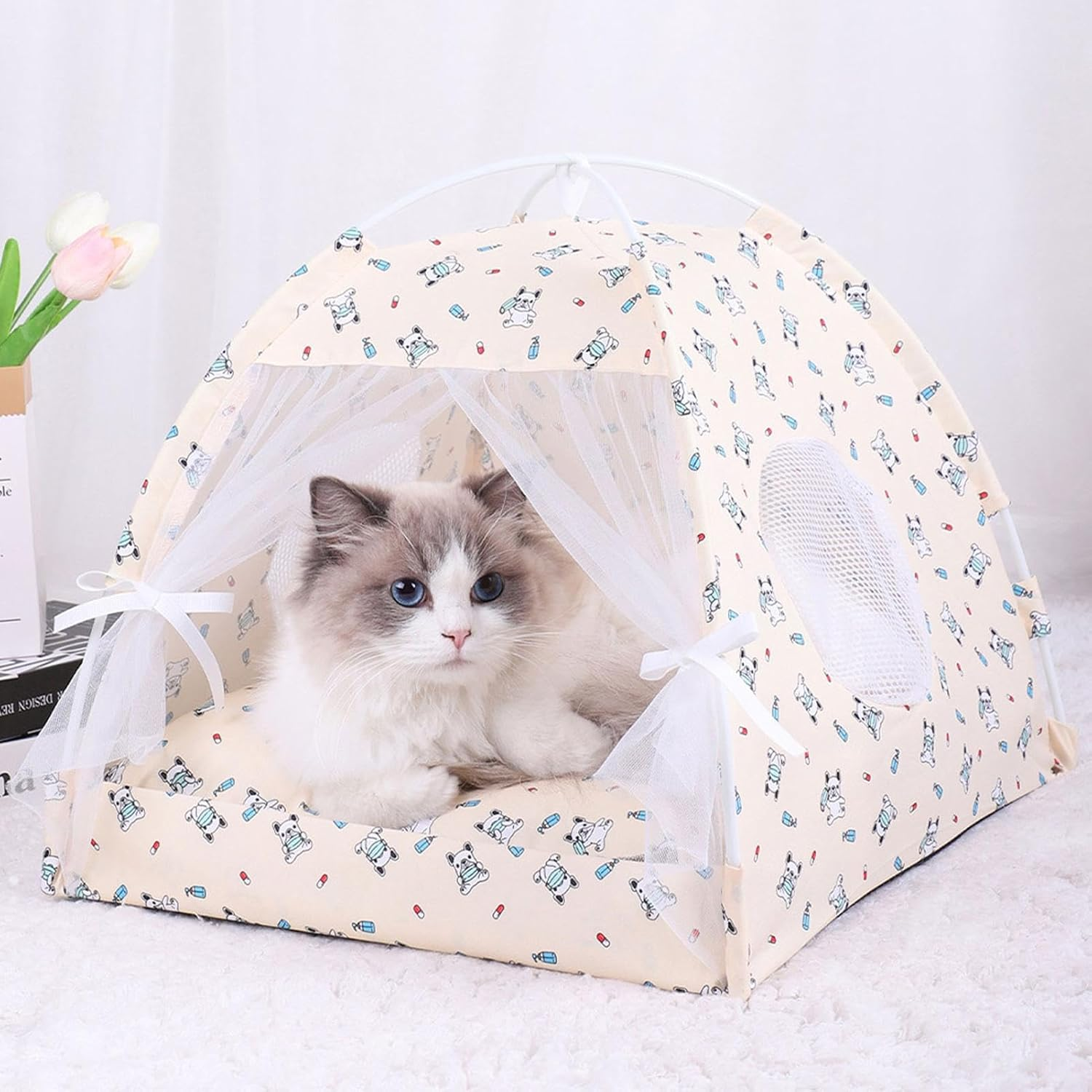 Qikam Cat Tent Bed - Pet Tent Cat Cave for Playing - Semi-Enclosed Dog Tent Bed, Movable Floral Pet Cave Nest for Small Puppy & Kitten image number 3