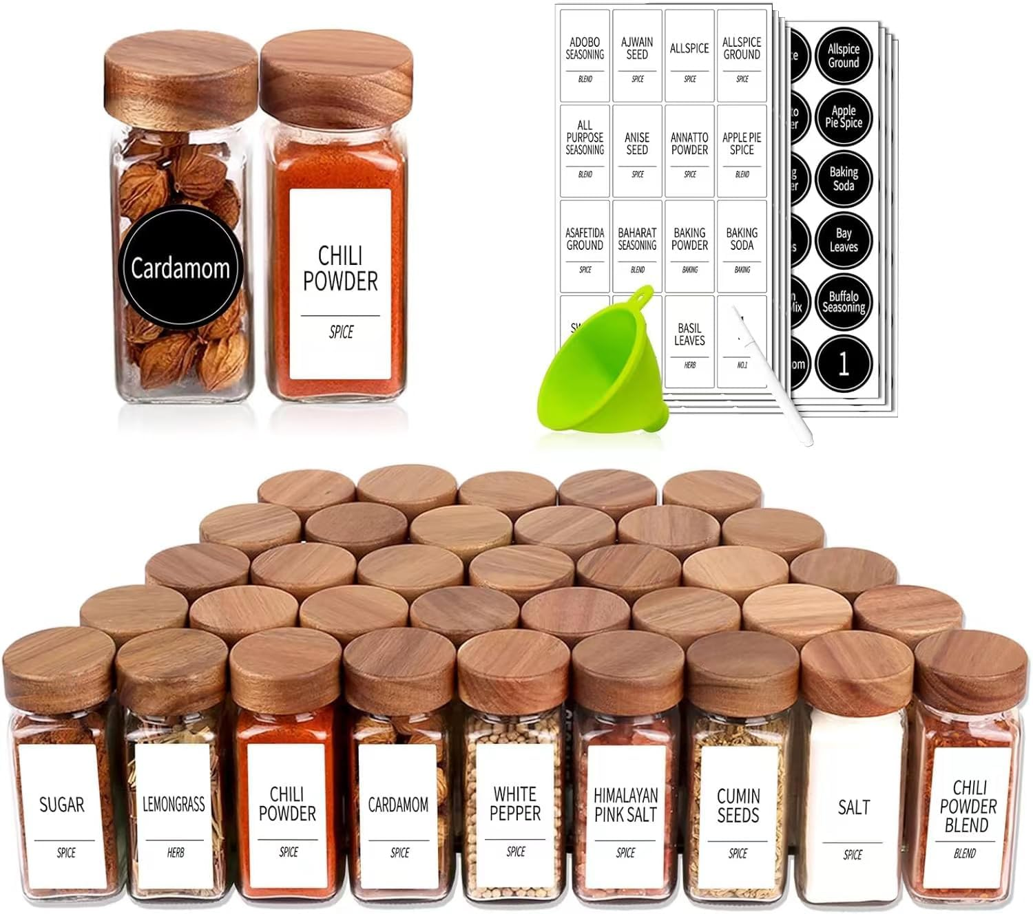 24Pcs Spice Jars,Glass Spice Jars with Labels,120 ML Square Spice Containers with Acacia Wood Lids,Kitchen Spice Jars with Shaker Lids for Spice Rack, Cabinet or Drawer image number 6