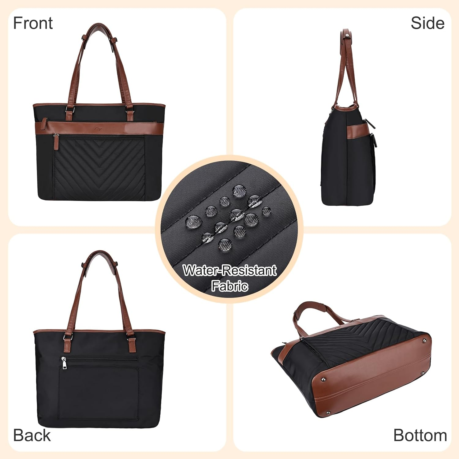 Laptop Tote Bag for Women, KASQO Large Water-Resistant 15.6 Inch Computer Shoulder Bag Ladies Work Tote Leather Handbags Satchel with Clutch Purse for Office School Travel - Black image number 7