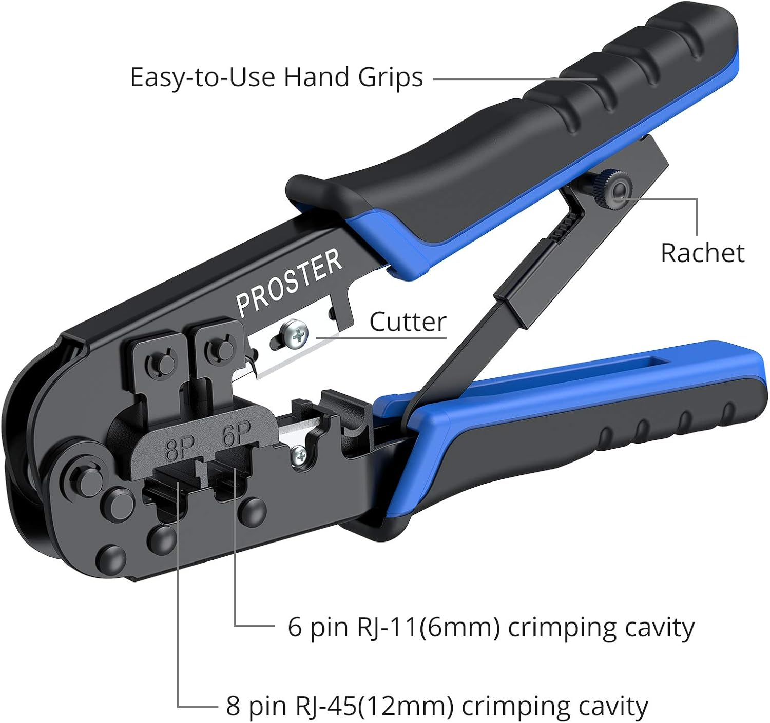 Proster RJ45 Crimping Tool Cat5 Cat5E Cat6 Crimper RJ-11, 6P/RJ-12, 8P/RJ45 Crimping, Cutting and Stripping Tool with 30 Pieces Connectors 30 Pieces Covers 100 Pieces Nylon Cable Ties and Wire image number 1