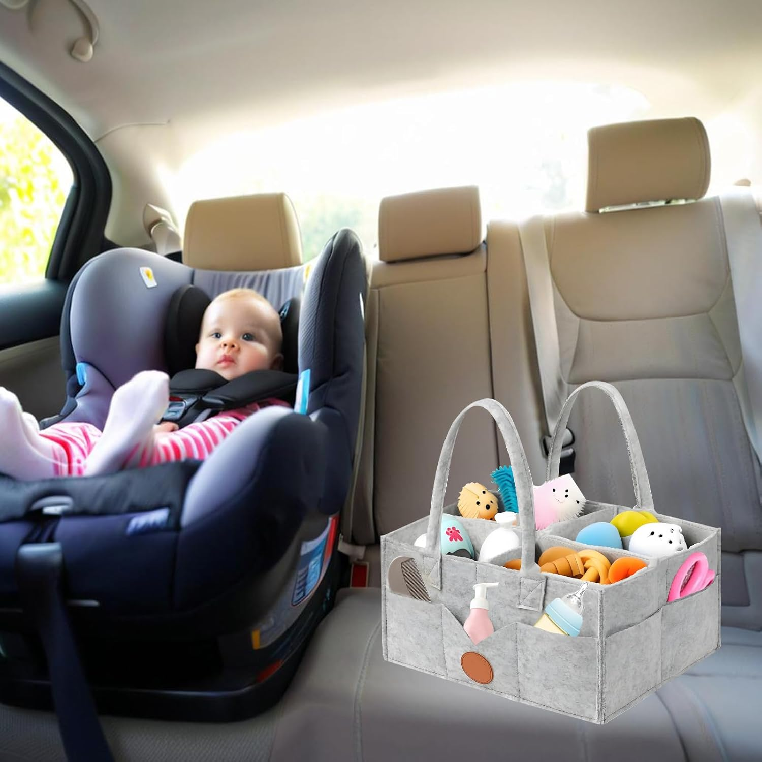 Jotia Modern Gray Diaper Caddy Organizer, Felt Cloth Nursery Storage Bin and Car Organizer, Baby Storage Basket for Diapers and Baby Wipes, Changing Table Organizer for Indoor Outdoor image number 6