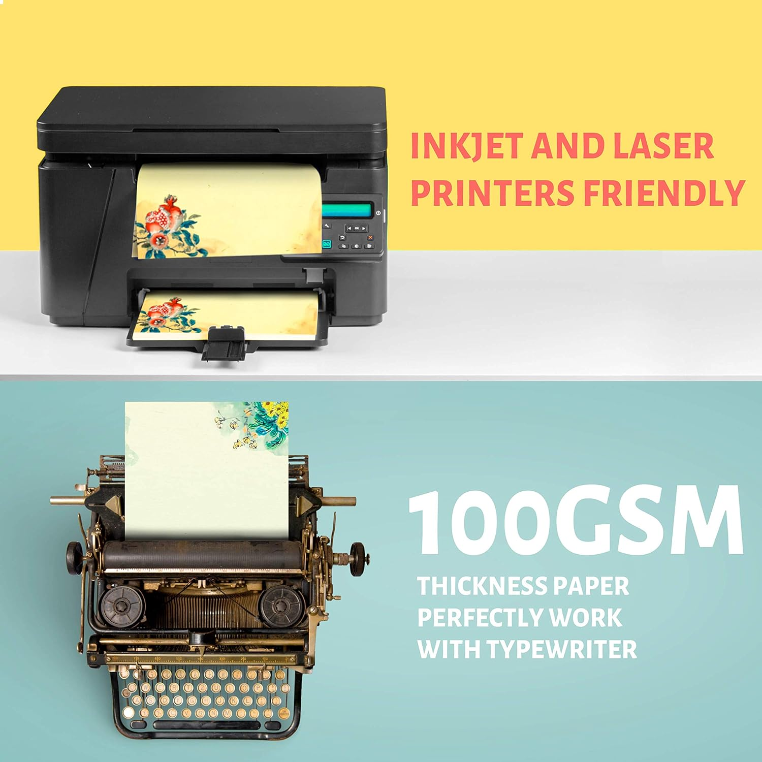 A4 Vintage Floral Stationery Paper (Lined) 48 Pieces and Self-Sealing Envelopes 24 PC Set, 100GSM Heavy Weight College Ruled Letter Writing Stationary, Printer Friendly, Color Both Sides, Watercolor image number 2