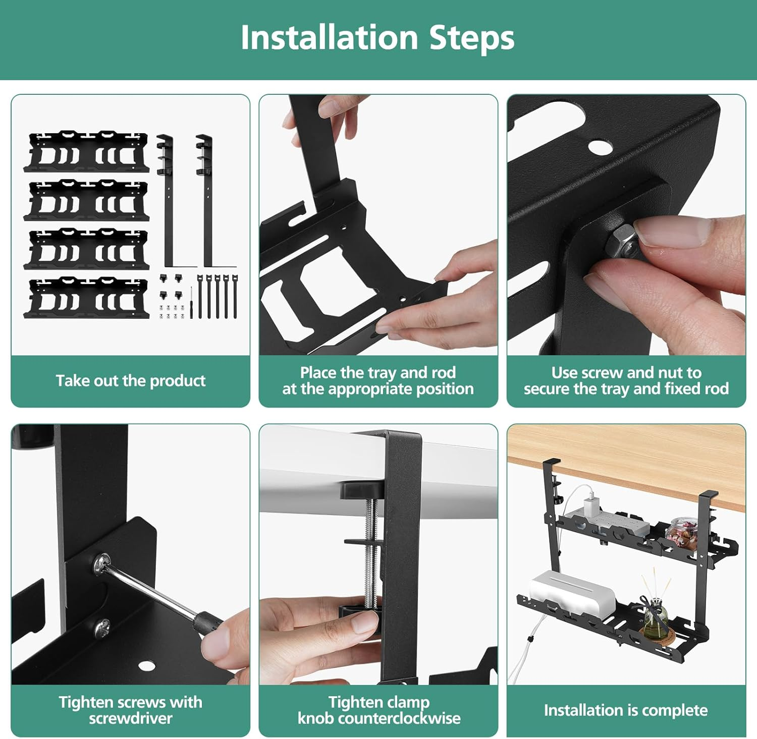 Under Double Desk Cable Management Tray,45-72Cm Adjustable Length Non-Drill Installation Cord Management for Home Office,Durable Carbon Steel Black