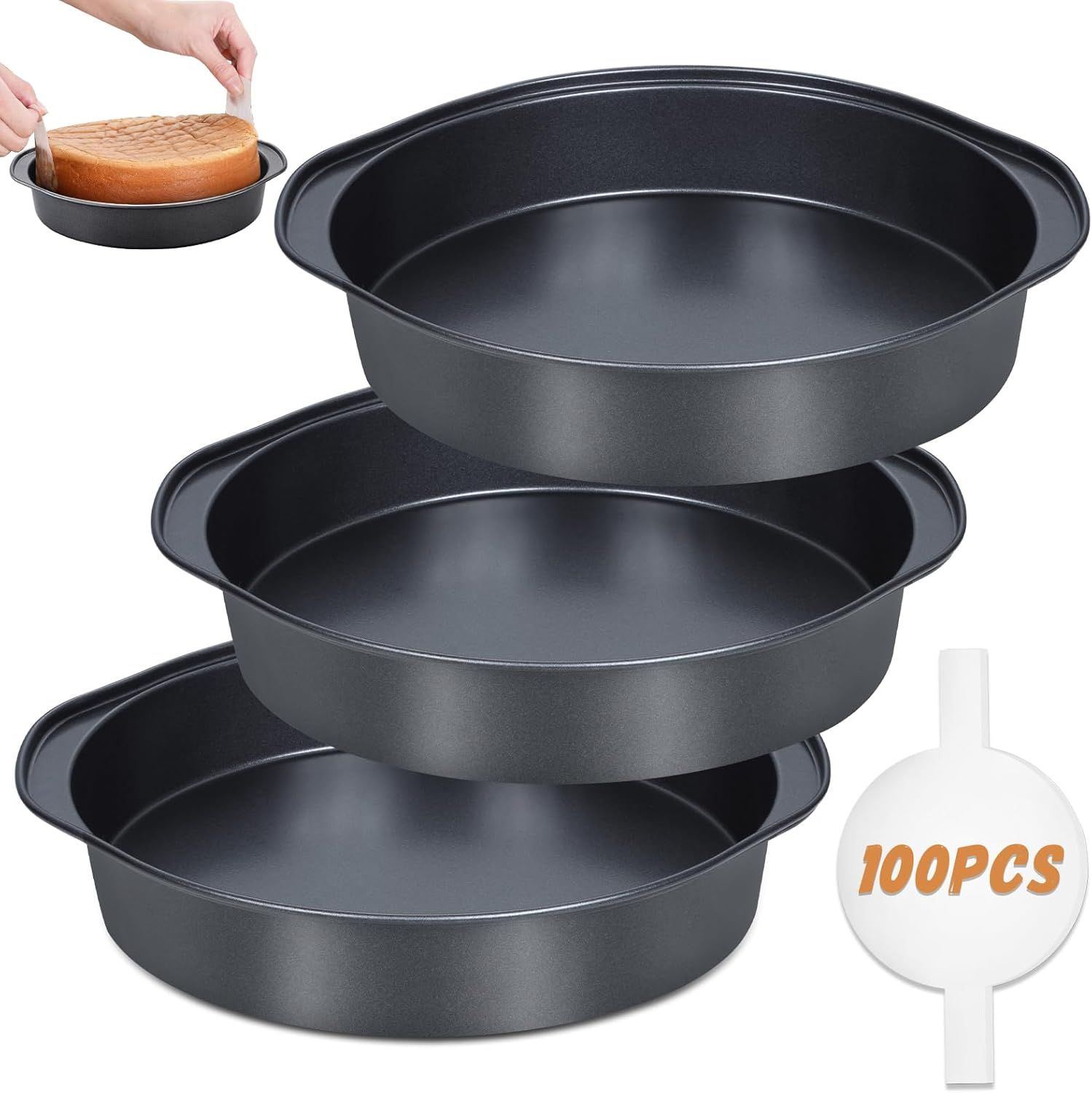 BEWOS 8 Inch round Cake Tin Set of 3 - Heavy Duty Carbon Steel Cake Pan with Handles, Non-Stick, Oven & Dishwasher Safe, Includes 100 Parchment Papers for Easy Release image number 2