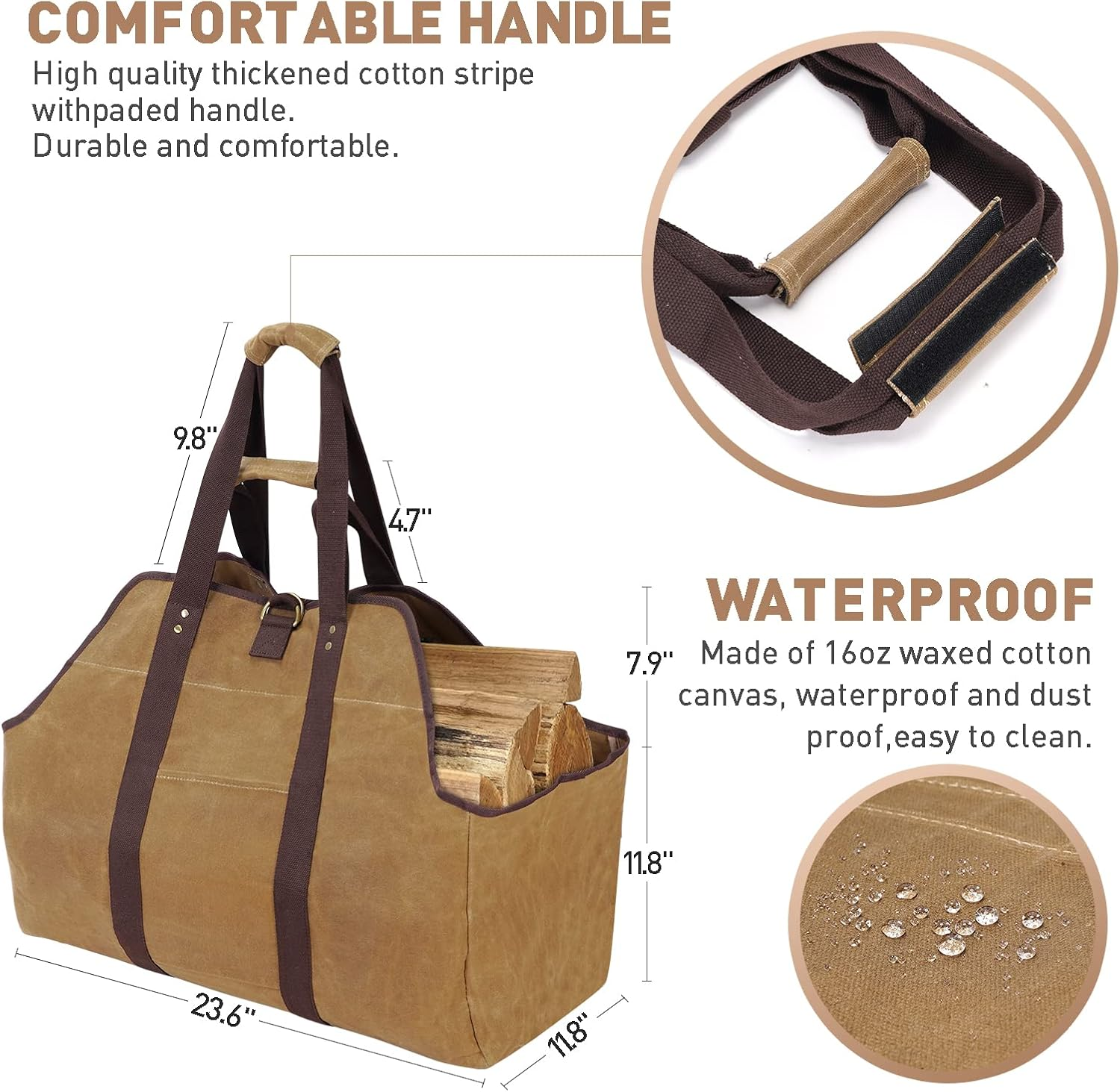 Myfireplacedirect Waxed Canvas Log Carrier Tote Bag, Extra Large Durable Firewood Holder with Handles and Shoulder Strap, Heavy Duty Wood Carrying Bag for Fireplaces & Wood Stoves - Grey image number 5