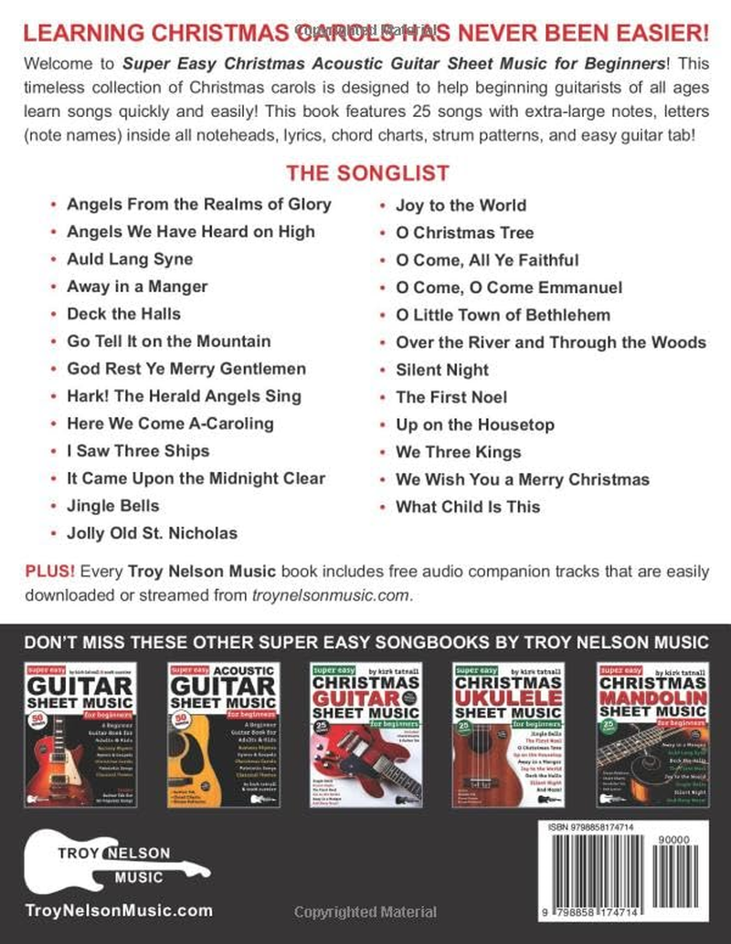 Super Easy Christmas Acoustic Guitar Sheet Music for Beginners: Guitar TAB for 25 Popular Christmas Carols&mdash;Plus! Chord Charts, Strum Patterns and FREE Audio image number 1