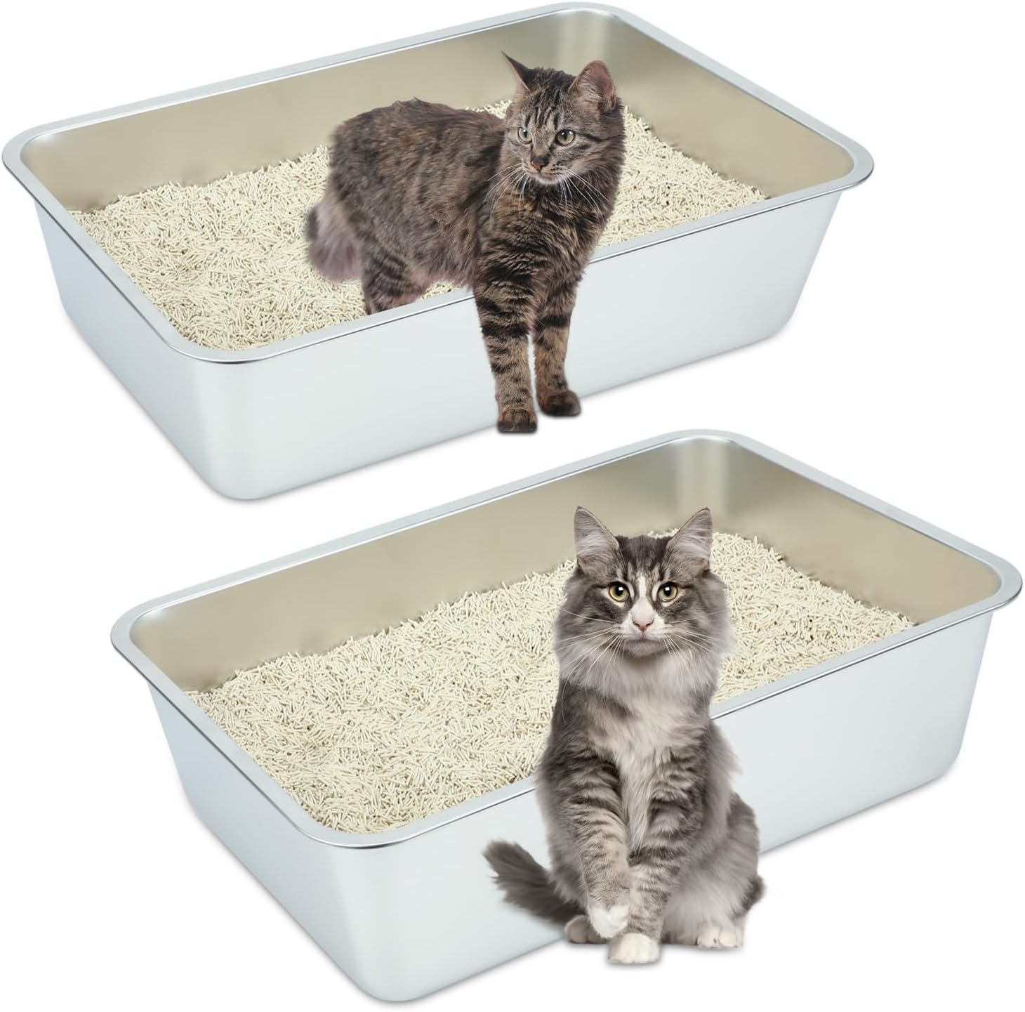 YUEPET 2 Packs Large Stainless Steel Cat Litter Box, Non Stick Metal Cat Litter Pan, Rustproof Tall Cat Litter Tray Easy to Clean Suitable for Cats Kitty 23.6"X15.7"X5.9" image number 3