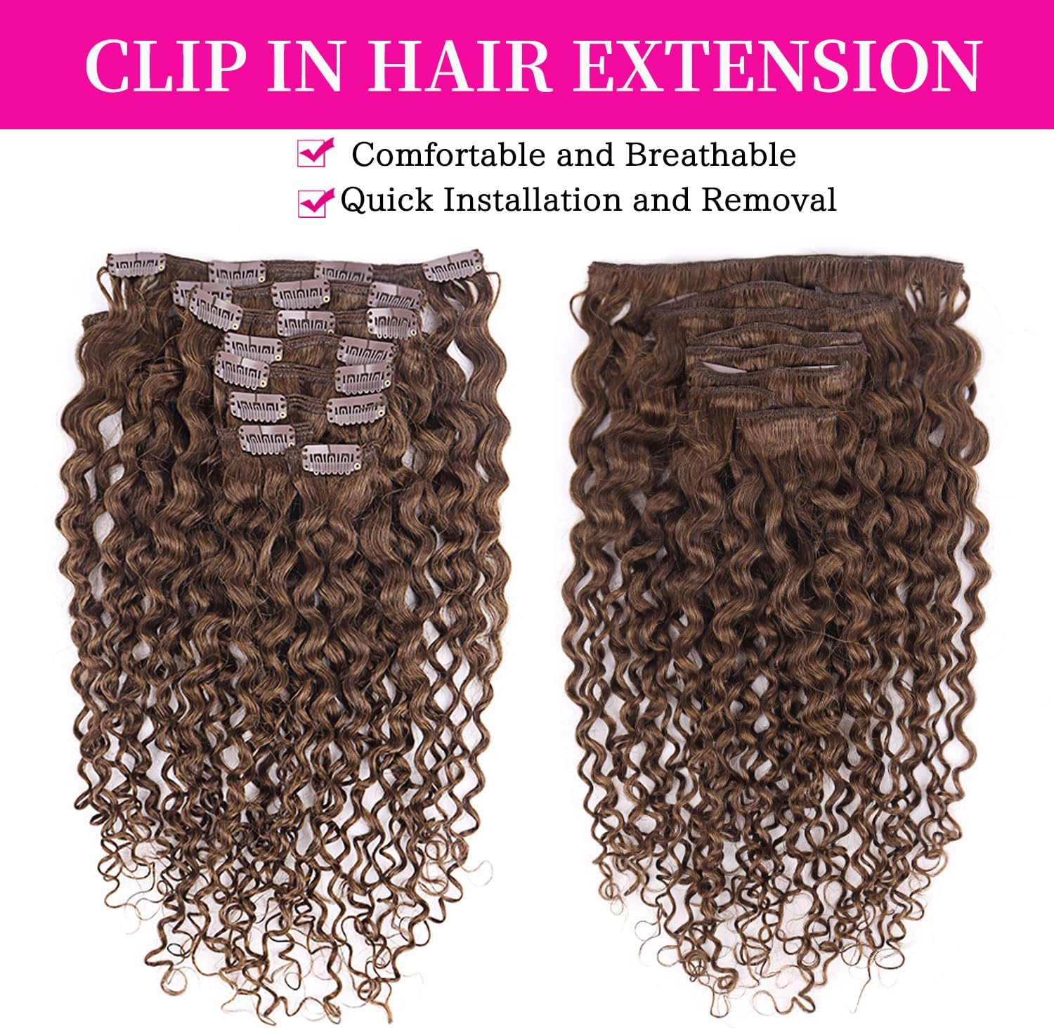 Fulang Hair Kinky Curly Clip-In Hair Extensions Real Hair 45 Cm 8 Pieces 120 G Dark Brown Hair Pieces Real Hair Extensions Clip-In Hair Extensions for Women image number 6