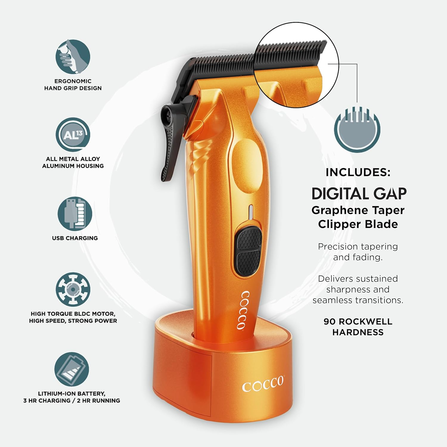 Cocco Hyper Veloce Pro Clipper, Digital Gap Ambassador Graphene Taper Blade Professional Hair Clippers, High-Torque BLDC Motor, All-Metal, Cordless, Charging Station Included, Orange - Orange image number 3
