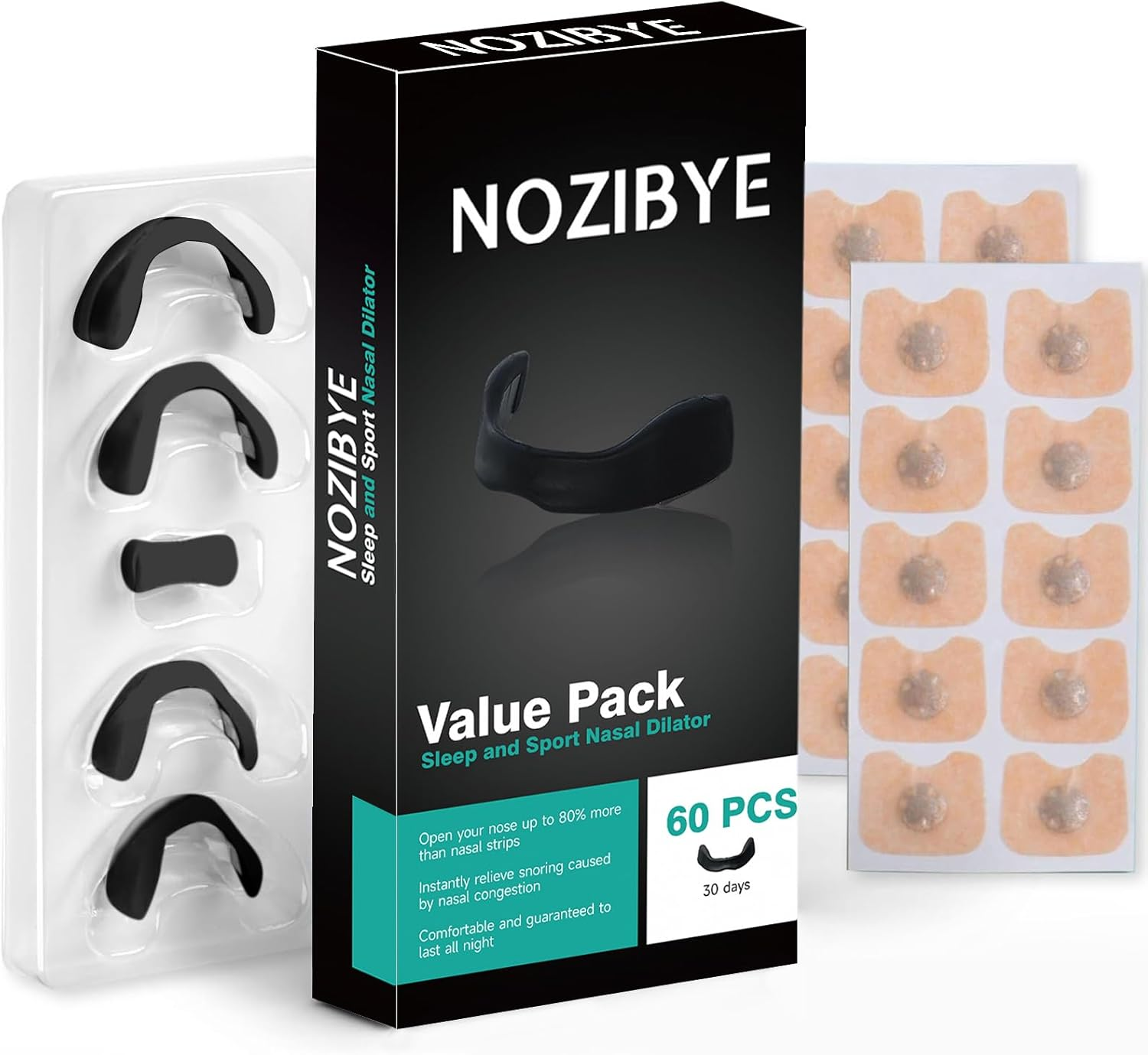 Nozibye Magnetic Nose Strip, Value Pack (30 Pairs, Black), for 30 Days - anti Snoring Magnetic Nasal Strips, Boost Oxygen & Improve Sleep